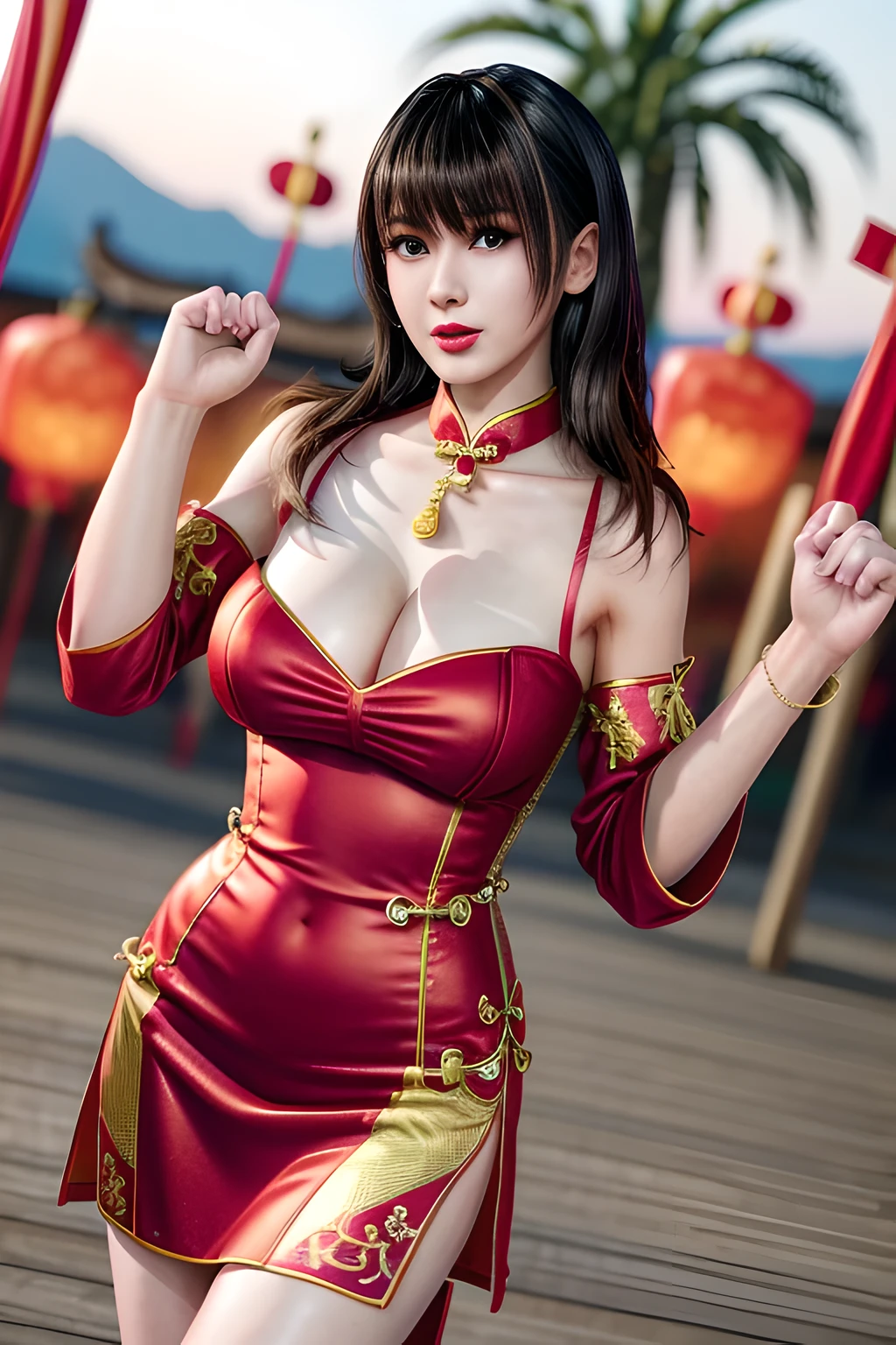 1 girl,seven waves,(Chinese celebration dress:1.4),outdoor, (standing posture),jewelry,grace,(((red lips))), Lips slightly open, clavicle,Lactation,(huge breasts),((8k, original photo, top quality, masterpiece), HD RAW color photos professional close-up photos, (actual, photorealism: 1.37), (best quality),8k,soft sunshine, Fabric luster,alone,