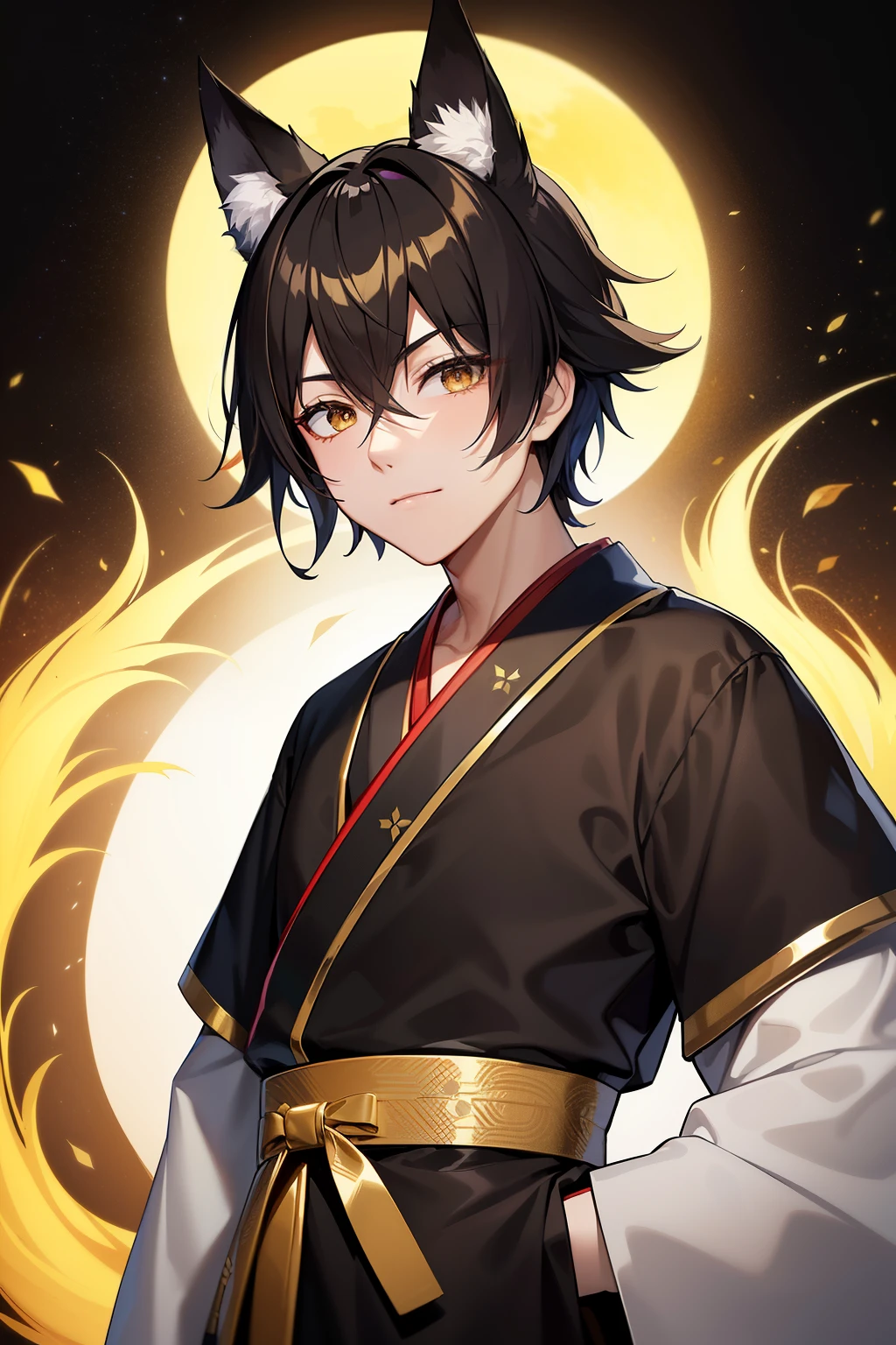 (high-quality, breathtaking),(expressive eyes, perfect face), 1boy, male, solo, kitsune, teenager, black hair , gold coloured eyes, gentle smile, short length hair, loose hair, spiky hair, hair between eyes, japanese clothing, japan attire, yokai kitsune, red shirt with a gold and black trim, black pants, brown belt, black fox ears on top of his head, patterns on kimono, masculine face, kimono, age 17
