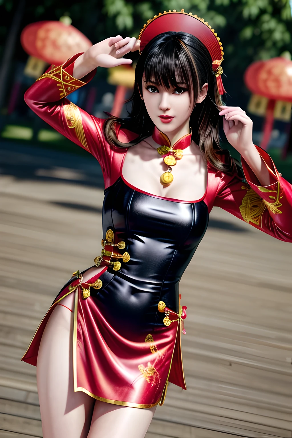 1 girl,seven waves,(Chinese celebration dress:1.4),outdoor,  (standing posture),jewelry,grace,(((red lips))), Lips slightly open,  clavicle,Lactation,(huge breasts),((8k, original photo, top quality, masterpiece), HD RAW color photos professional close-up photos, (actual, photorealism: 1.37), (best quality),8k,soft sunshine, Fabric luster,alone,