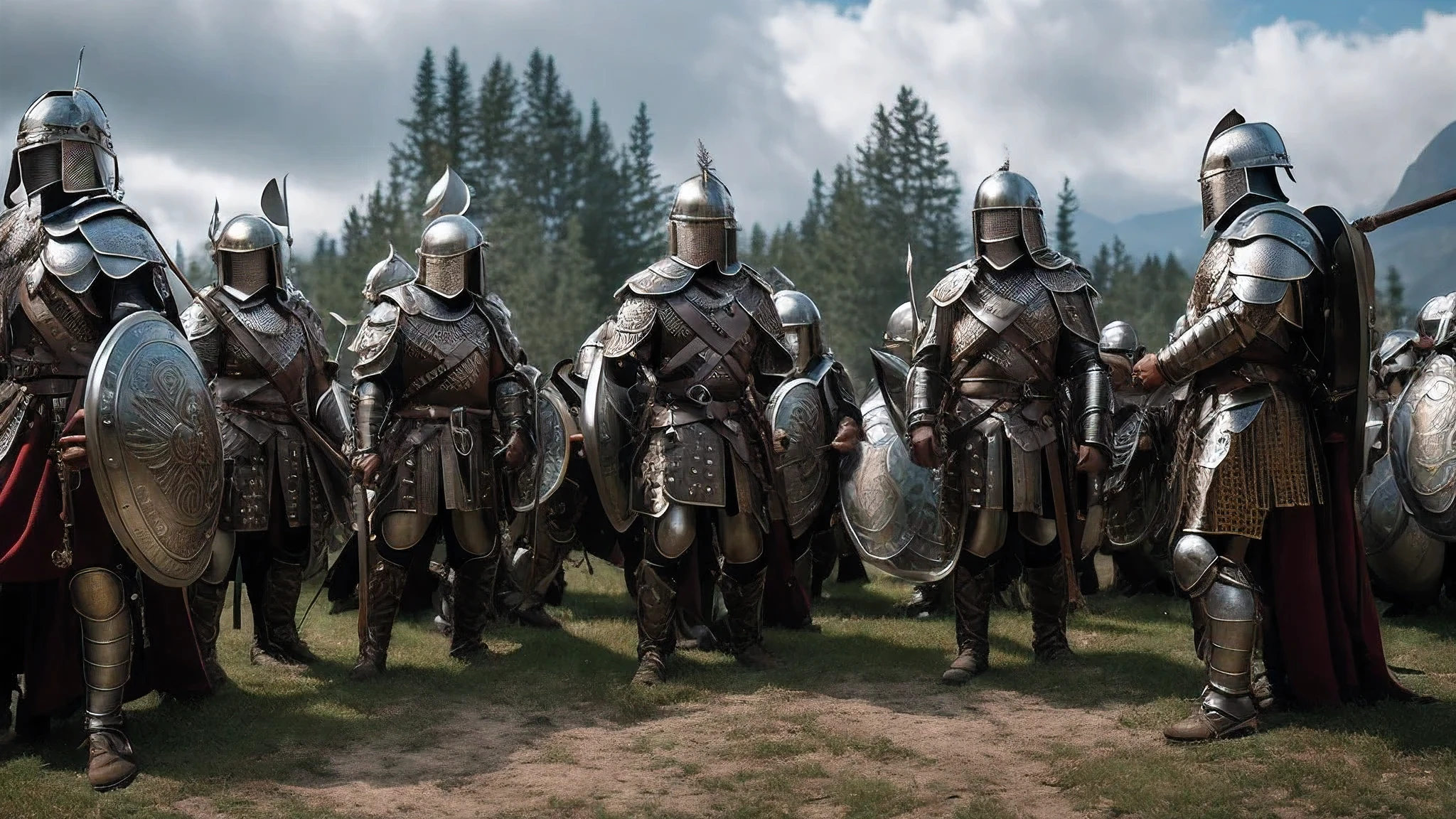 A historic and ancient scene of Roman soldiers setting up camp with well-defined tents and wood walls, preparations for the long night underway. Realistic detailing captures the intricacies of their metal armors and helmets, each shiny piece showcasing the strength and discipline of these warriors. The air crackles with a sense of duty and purpose as they tend to their eagle standards, their determined expressions captured in the well-defined lines and shadows of this historic moment. 8k resolution guarantees an immersive, high-quality experience.