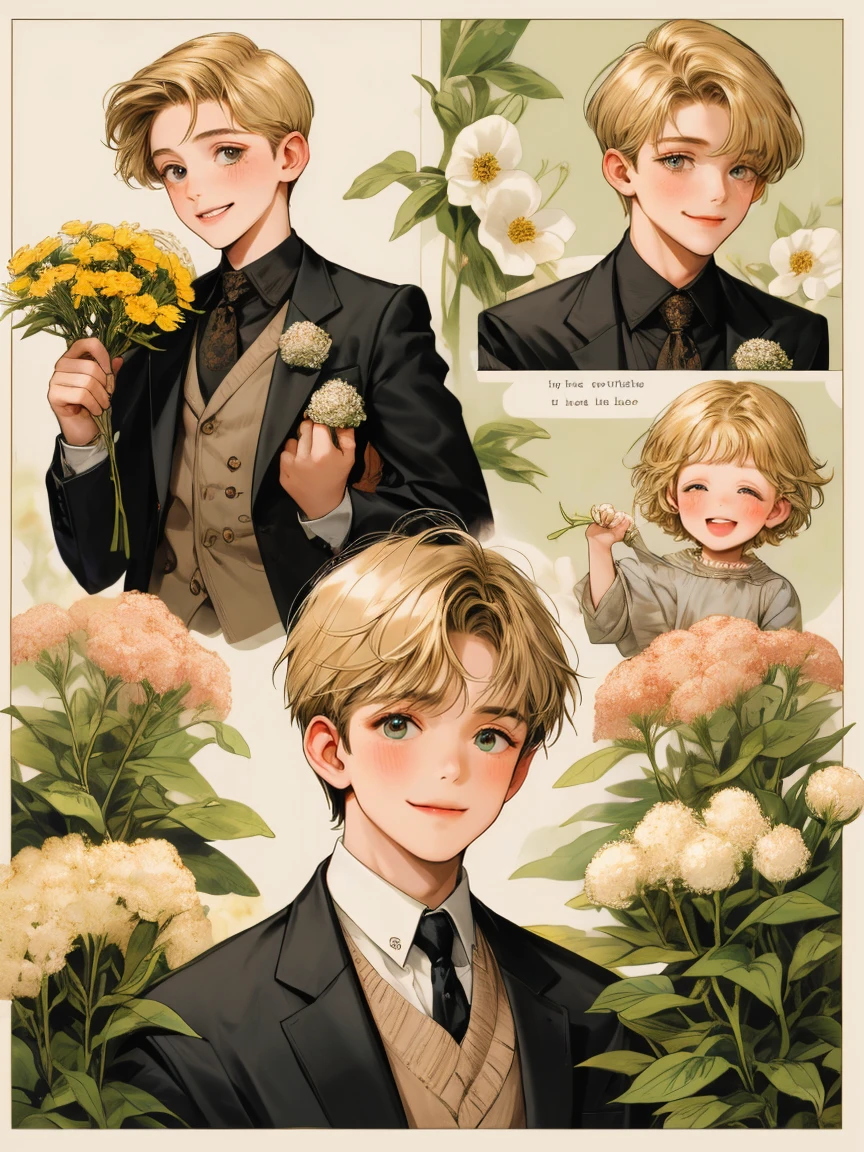masterpiece, collage of little boy holding flowers, happy, short blond hair