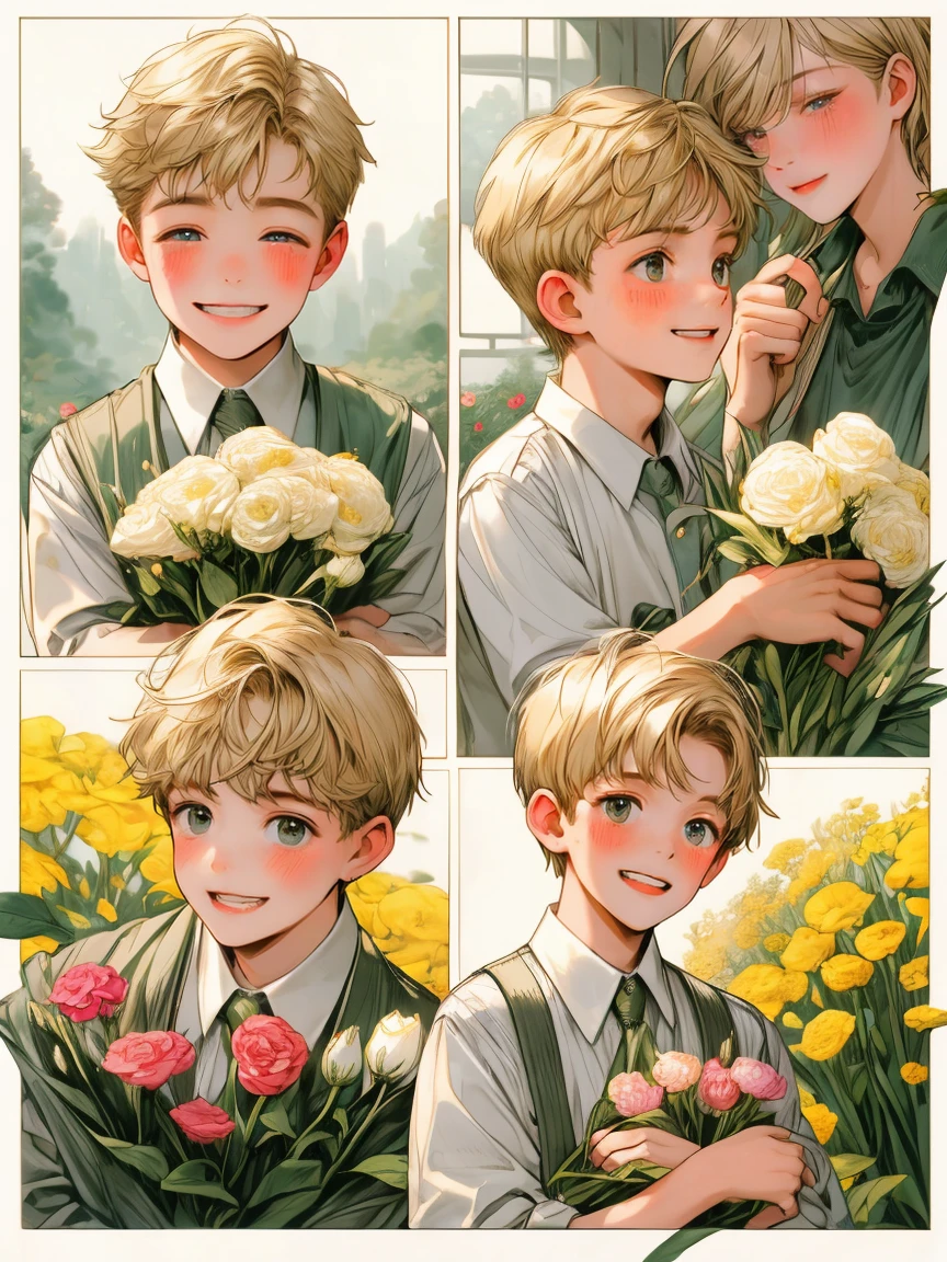 masterpiece, collage of  boy holding flowers, happy, short blond hair