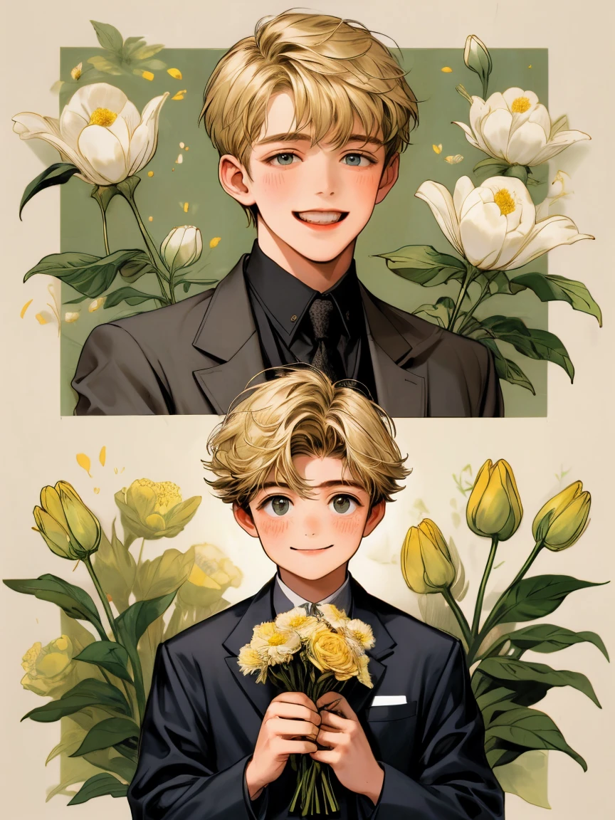 masterpiece, collage of  boy holding flowers, happy, short blond hair