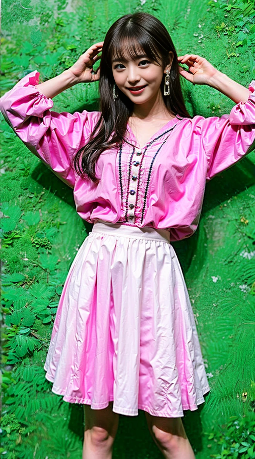 masterpiece, great work, whole body, 1 girl,  mini skirt, blush, bracelet, beautiful breasts, , gradient hair, long hair, looking at the audience, loose earrings, checked skirt, red eyes, ring, smile, alone,  fashion, woman, vitality,  take a pose, front, colorful,concentrated、whole body画像(1:5）、thin legs、Are standing、put your hands on your hips、idol costume、boots、whole body画像、Chest emphasis、pink costume、stand with legs apart
