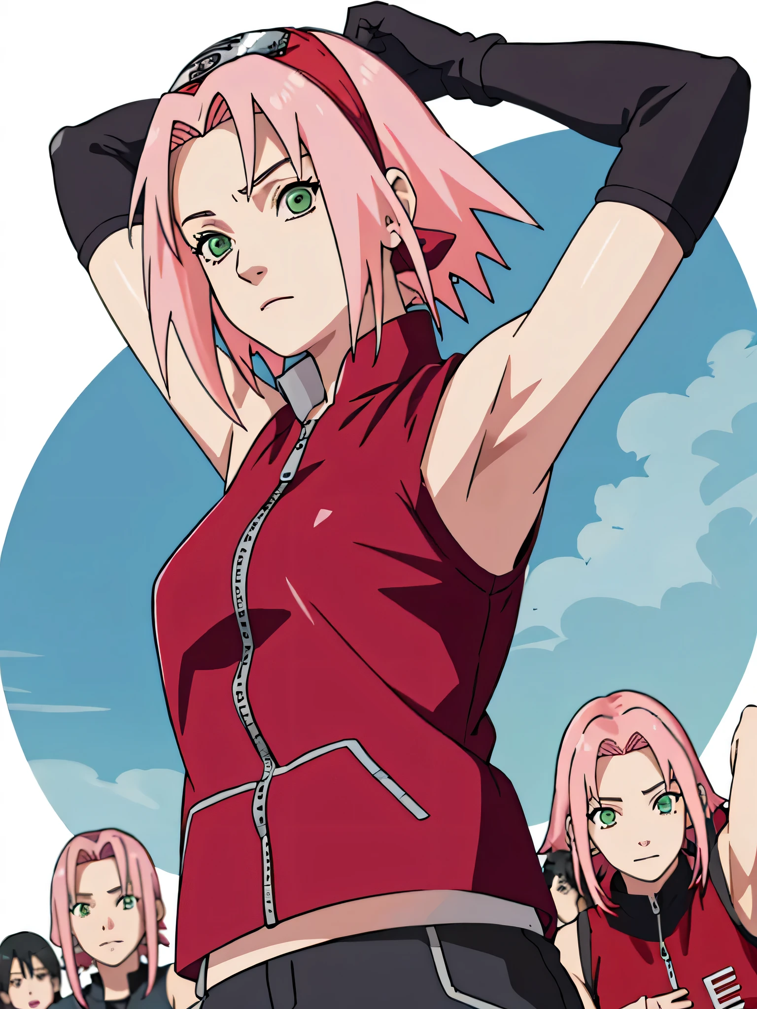 sakura haruno, sleeveless, red jacket, forehead protector, konohagakure symbol, arms behind head, arms up, armpits, showing armpits, posing, green eyes, perfect proportions, sakura shippuden, masterpiece, best quality, short hair, pink hair, black gloves, solo, elbow covers