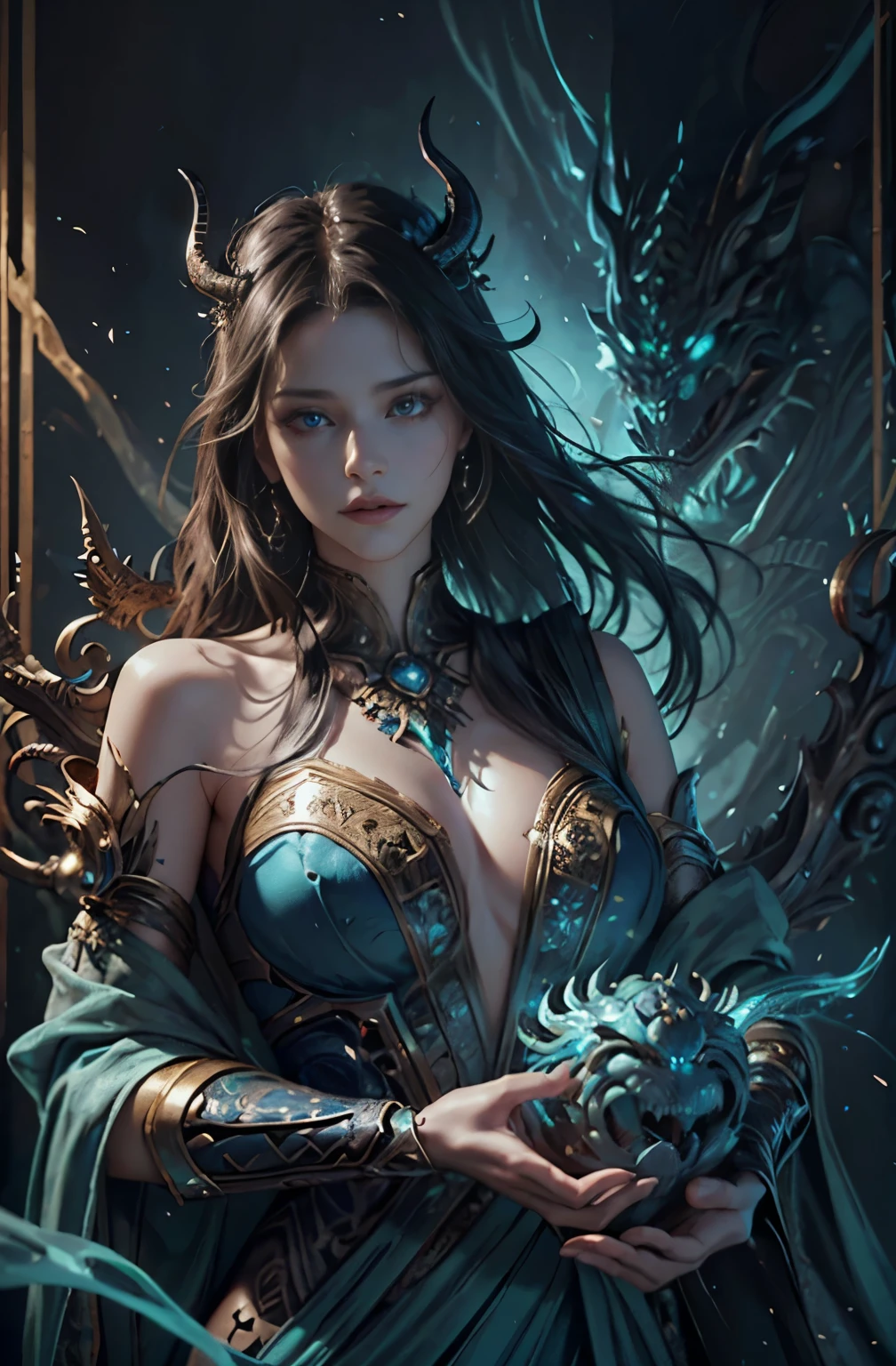 A woman in a blue dress holding a dragon and a ball - SeaArt AI