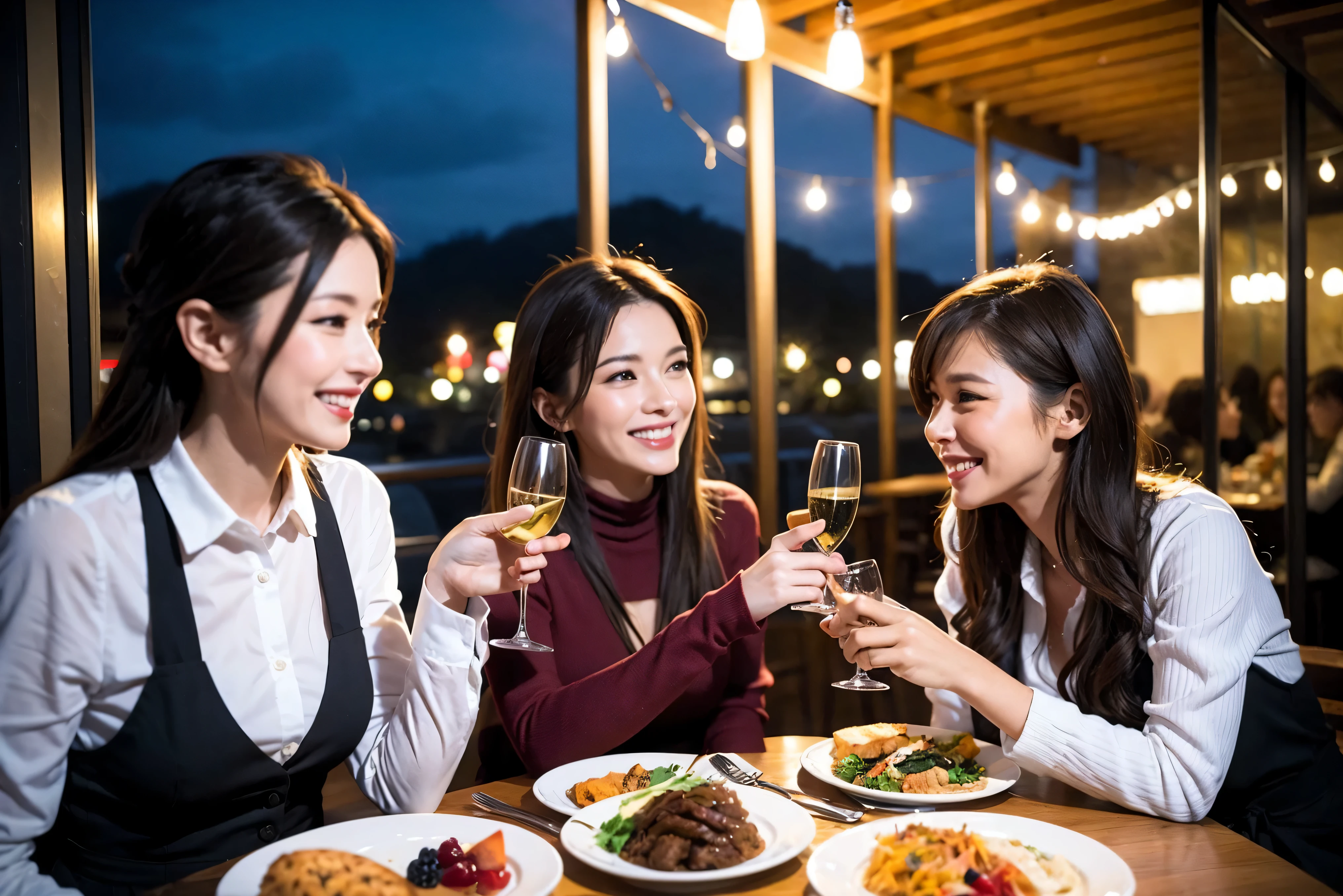 64k, UHD, highest quality, masterpiece: 1.2), (realistic, photorealistic: 1.37), Super detailed, celebration party、3 women who love wine、Three Men、champagne、Sparkling wine、winter night、restaurantでワイン宴会、(slimな男女4名),(Wine party for 5 people)、(slimフェイス),Happy、 最高なsmile、Fox Face、Raccoon face、Berry Short、(because I&#39;thin), (brown hair), (shortcut), long sleeve shirt、winter fashion、Colombia、Brazilian、Japanese、Dutch、German、Portuguese、Belgian、Italian、french, (gushing), (slimボティ), (brown hair), (shortcut), Neat beauty、cheeks blush a little, (41 years old), 38 years old, alone, A beautiful and detailed night view spreads out outside the window...., restaurant, wine glassが座っている, At night, in a prominent place (from the Upper body) nova frog style, actress, model, Upper body, White wine, slim, wine glass, Very beautiful night view, wine glass Put in the Middle, Happy smile, (smile: 1.15), 