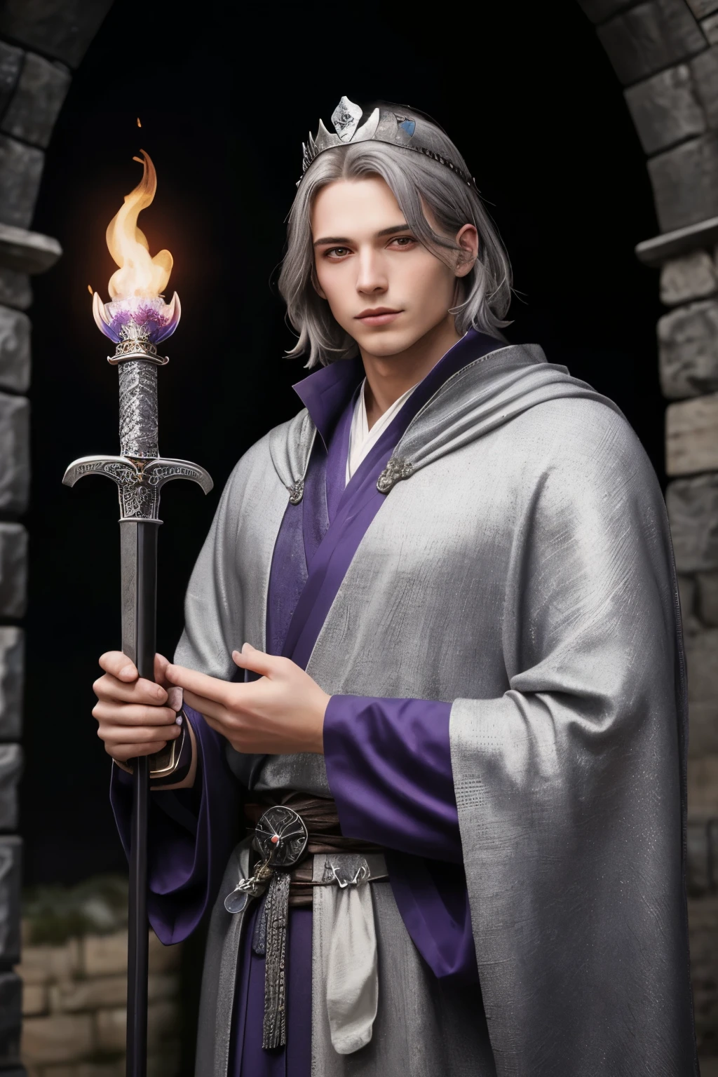 ((Best quality)), ((masterpiece)), (detailed), perfect face, adult stern elegant male magician in a silver crown on his head, strong build, long-sleeved gray chainmail and mage robe, shoulder-length ashen hair, lilac eyes, A look of satisfaction, firm expression on the face, noble appearance, Holding a silver sword in his hands, the other hand holds a glowing and iridescent purple magical flame, gray dragon next to him, Ancient castle in the background, medieval setting.