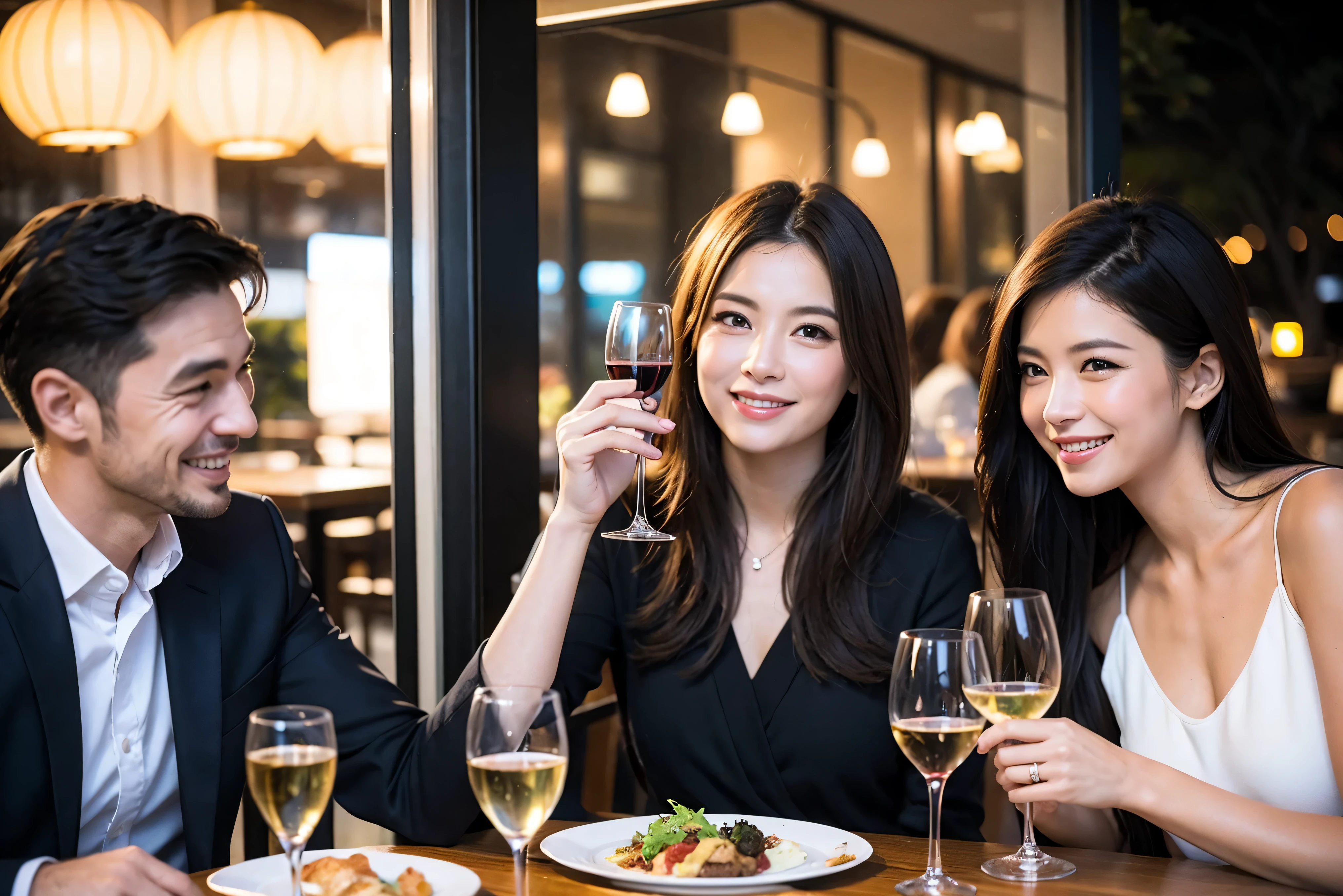 64k, UHD, highest quality, masterpiece: 1.2), (realistic, photorealistic: 1.37), Super detailed, celebration party、3 women who love wine、Three Men、champagne、Sparkling wine、winter night、restaurantでワイン宴会、(slimな男女4名),(Wine party for 5 people)、(slimフェイス),Happy、 最高なsmile、Fox Face、Raccoon face、Berry Short、(because I'thin), (brown hair), (shortcut), long sleeve shirt、winter fashion、Colombia、Brazilian、Japanese、Dutch、German、Portuguese、Belgian、Italian、french, (gushing), (slimボティ), (brown hair), (shortcut), Neat beauty、cheeks blush a little, (41 years old), 38 years old, alone, A beautiful and detailed night view spreads out outside the window...., restaurant, wine glassが座っている, At night, in a prominent place (from the Upper body) nova frog style, actress, model, Upper body, White wine, slim, wine glass, Very beautiful night view, wine glass Put in the Middle, Happy smile, (smile: 1.15),