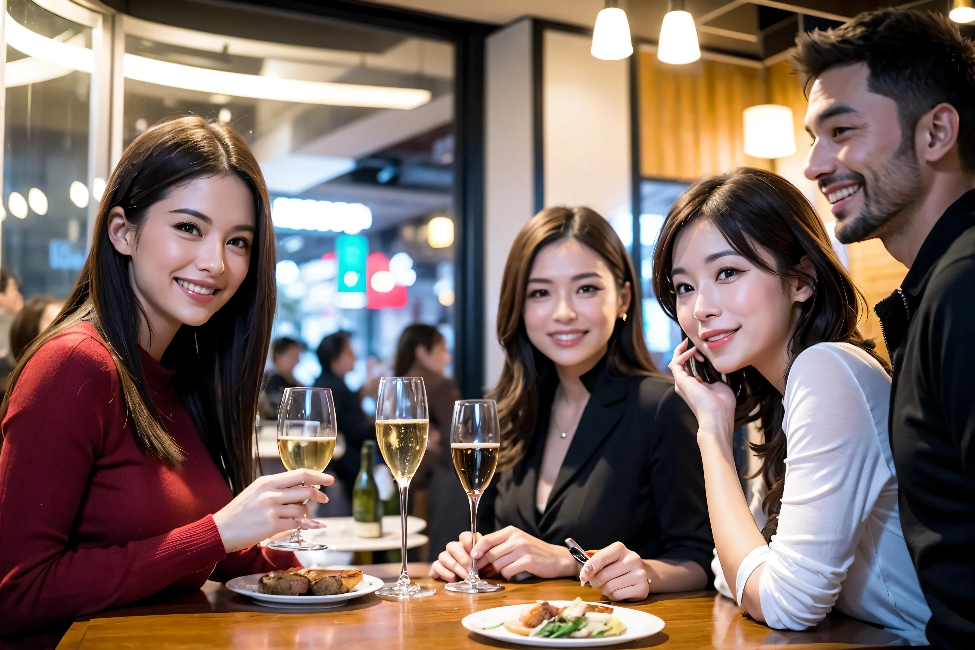 64k, UHD, highest quality, masterpiece: 1.2), (realistic, photorealistic: 1.37), Super detailed, celebration party、3 women who love wine、Three Men、champagne、Sparkling wine、winter night、restaurantでワイン宴会、(slimな男女4名),(Wine party for 5 people)、(slimフェイス),Happy、 最高なsmile、Fox Face、Raccoon face、Berry Short、(because I'thin), (brown hair), (shortcut), long sleeve shirt、winter fashion、Colombia、Brazilian、Japanese、Dutch、German、Portuguese、Belgian、Italian、french, (gushing), (slimボティ), (brown hair), (shortcut), Neat beauty、cheeks blush a little, (41 years old), 38 years old, alone, A beautiful and detailed night view spreads out outside the window...., restaurant, wine glassが座っている, At night, in a prominent place (from the Upper body) nova frog style, actress, model, Upper body, White wine, slim, wine glass, Very beautiful night view, wine glass Put in the Middle, Happy smile, (smile: 1.15),