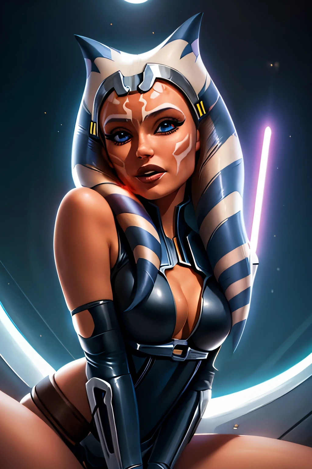 1girl, ahsoka tano, mandalorian armor, sideboob, skinny, leaning forward, close-up, pov, licking finger, naughty face, beautiful face, detailed eyes, depth of field, masterpiece, high quality, highres,  