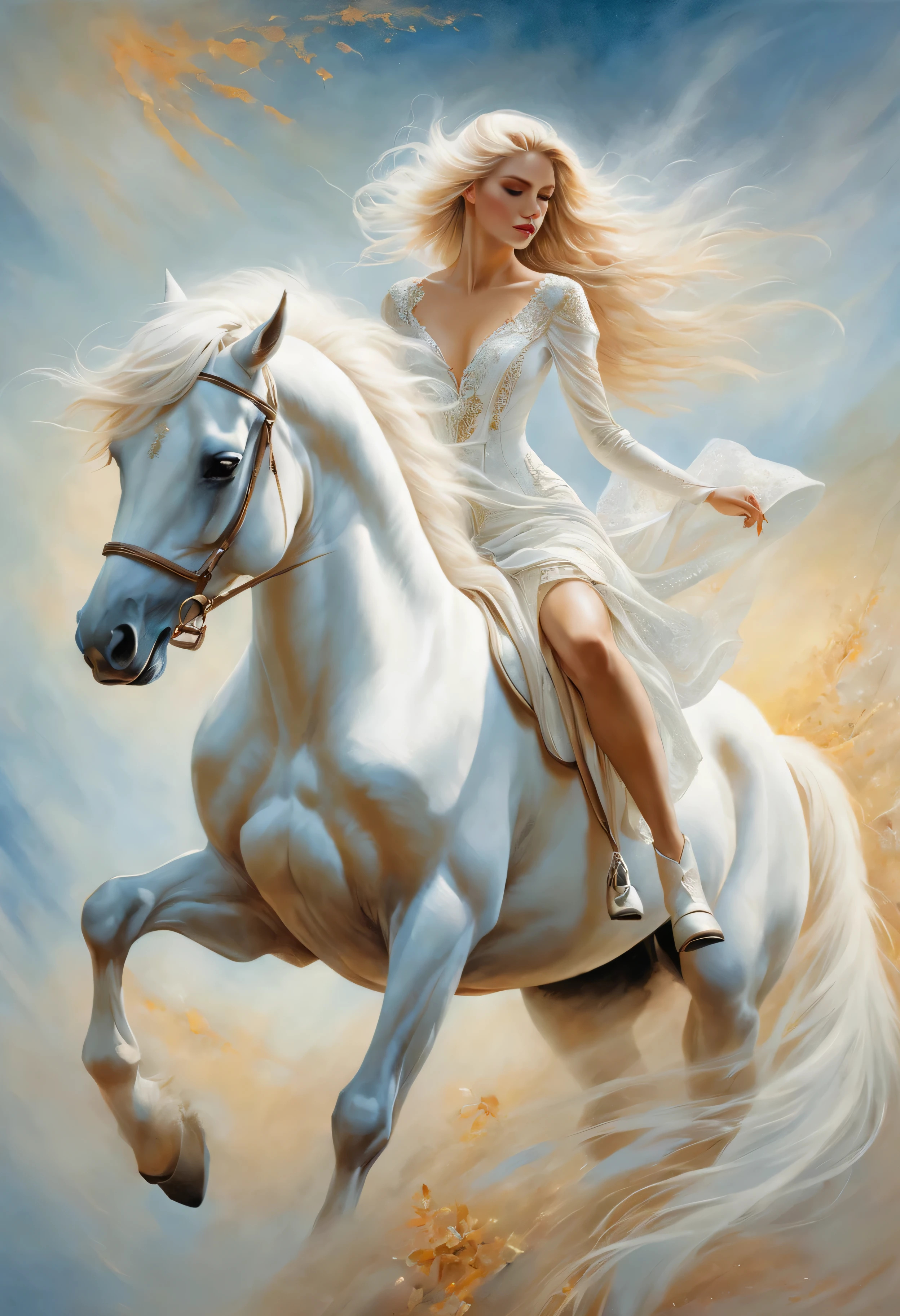 Painting of woman wearing white riding horse, karol bak (karol bak) beautiful art painting, Trend of CGsociety, fantasy art, karol bak-乌德, beautiful fantasy art, breathtaking fantasy art, beautiful fantasy painting, very beautiful fantasy art, Margaret Villeneuve, prancing horse, an all white horse, white horse