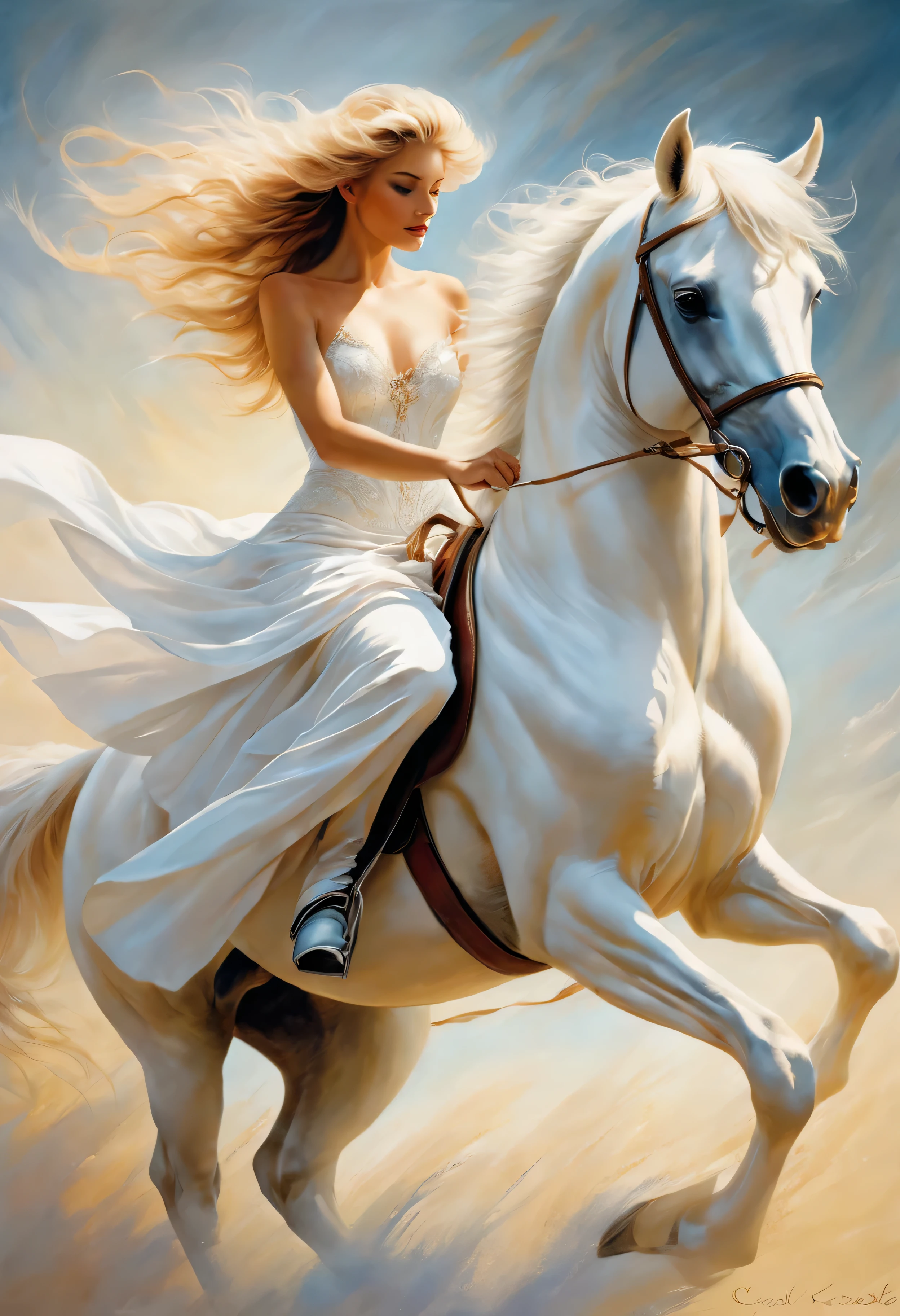 Painting of woman wearing white riding horse, karol bak (karol bak) beautiful art painting, Trend of CGsociety, fantasy art, karol bak-乌德, beautiful fantasy art, breathtaking fantasy art, beautiful fantasy painting, very beautiful fantasy art, Margaret Villeneuve, prancing horse, an all white horse, white horse