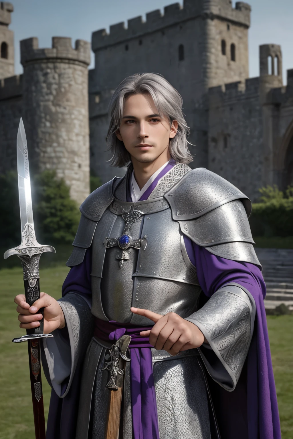 ((Best quality)), ((masterpiece)), (detailed), perfect face, adult stern elegant male magician, strong build, long-sleeved gray chainmail and mage robe, shoulder-length ashen hair, lilac eyes, A look of satisfaction, firm expression on the face, noble appearance, Holding a silver sword in his hands, the other hand holds a glowing and iridescent purple magical flame, gray dragon next to him, Ancient castle in the background, medieval setting.