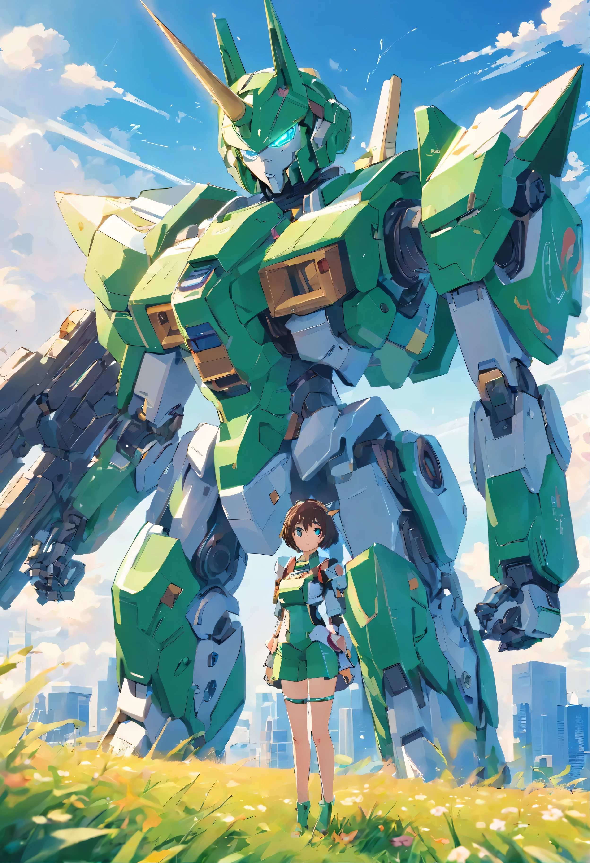 high quality, high detail, unicorn mecha, Rich facial details, In mecha style, Strong sense of rationalization, Anime cat ears girl on sky background,Mechanical armor style,anime mech aesthetic,4K,in green,blue colored eyes,Anime robots and organic matter mix,8Khigh qualityのディテールアート,detailed anime art,Mecha theme,