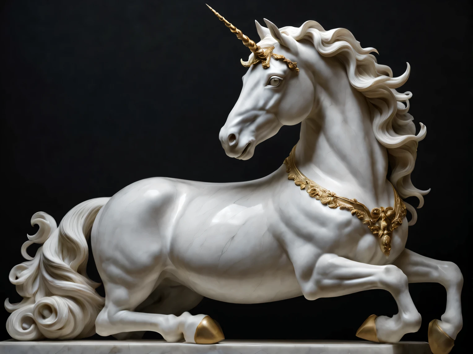 Marble Unicorn Sculpture, work of sculptor Raphael Monti, complete imitation of the style of Raphael Monti, high detail, dark background