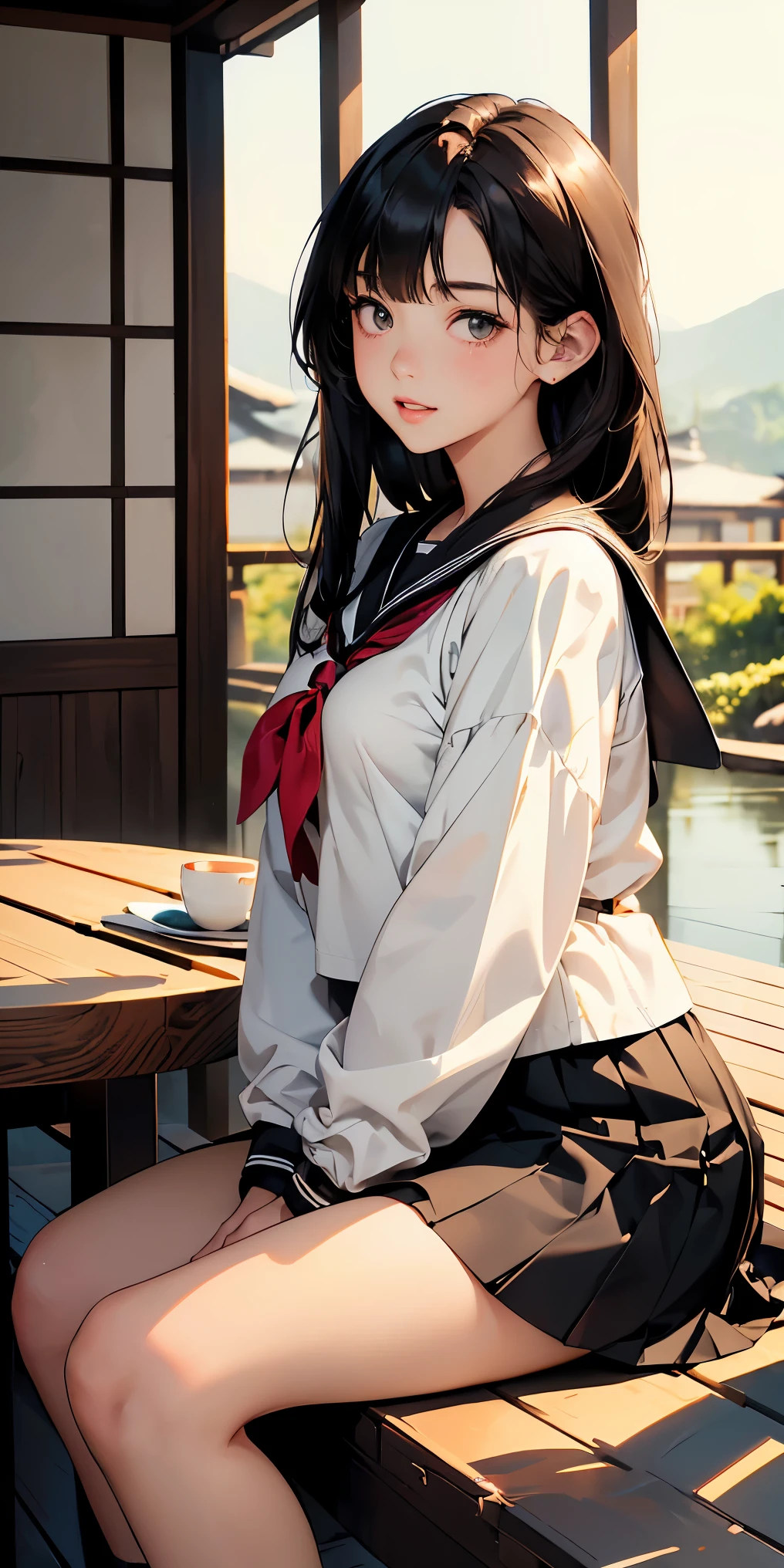 8K, masterpiece, highest quality, Ultra - High resolution, highest resolution, very detailed, professional lighting, Orange Light Lighting、Backlight、Detailed CG、Low angle from the front、full body shot、Beautiful woman、beautiful eyes、(detailed face and iace:1 2)、narrow eyes、almond eye、brown eyes、gradation eye、highlight:1.2)、(beautiful black hair、long hair、asymmetrical bangs、(plump lips、glossy lips、 size) 、(oval face : 1.4)、(thin fingered arms、detailed human hand)、(table top, highest quality:1.2), nostalgic、Wooden warehouse、Landscape with Japan wooden house、Sitting on the veranda、ancient folk house、pine trees、plant、Beautiful Japan garden、The bright red sunset is beautiful、vapor、mist、white breath、full body pose、Girl blends into the landscape、sitting in a chair、Beautiful woman, small face、white skin、very cute, 、(detailed eye、bright pupils、gradient eyes:1、細かく描かれたbeautiful eyes:1、symmetrical eyes:1、目の大きなhighlight:1.2)、fine hair、brown eyes)、Breasts are medium in size、(black brown hair、semi-long)、(sailor suit、serafuku:1.4)、thin and long legs、beautiful hip line、Beautiful spine、constricted back、tight waist、black underwear、JK Black Skirt 、pleated skirt、Hip line emphasis、black socks、black stockings、brown eyes,face is a little red, beautiful breasts、Breasts are A cup、shoes are loafers、long hairの枝毛) 、(round face: 1.4)、gentle smile、open your mouth、teeth visible