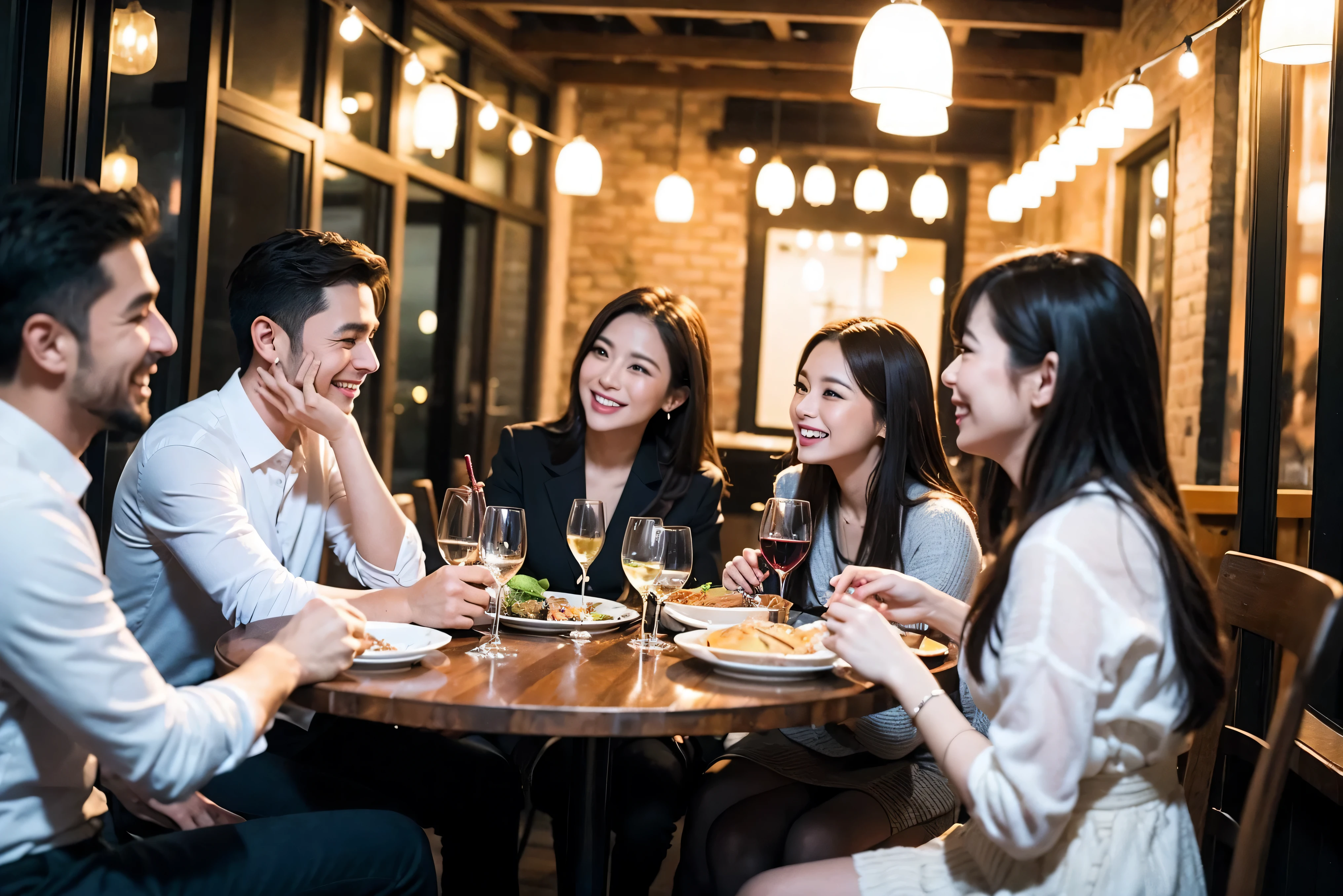 64k, UHD, highest quality, masterpiece: 1.2), (realistic, photorealistic: 1.37), Super detailed, celebration party、3 women who love wine、Three Men、champagne、Sparkling wine、winter night、restaurantでワイン宴会、(slimな男女4名),(Wine party for 5 people)、(slimフェイス),Happy、 最高なsmile、Fox Face、Raccoon face、Berry Short、(because I'thin), (brown hair), (shortcut), long sleeve shirt、winter fashion、Colombia、Brazilian、Japanese、Dutch、German、Portuguese、Belgian、Italian、french, (gushing), (slimボティ), (brown hair), (shortcut), Neat beauty、cheeks blush a little, (41 years old), 38 years old, alone, A beautiful and detailed night view spreads out outside the window...., restaurant, wine glassが座っている, At night, in a prominent place (from the Upper body) nova frog style, actress, model, Upper body, White wine, slim, wine glass, Very beautiful night view, wine glass Put in the Middle, Happy smile, (smile: 1.15),