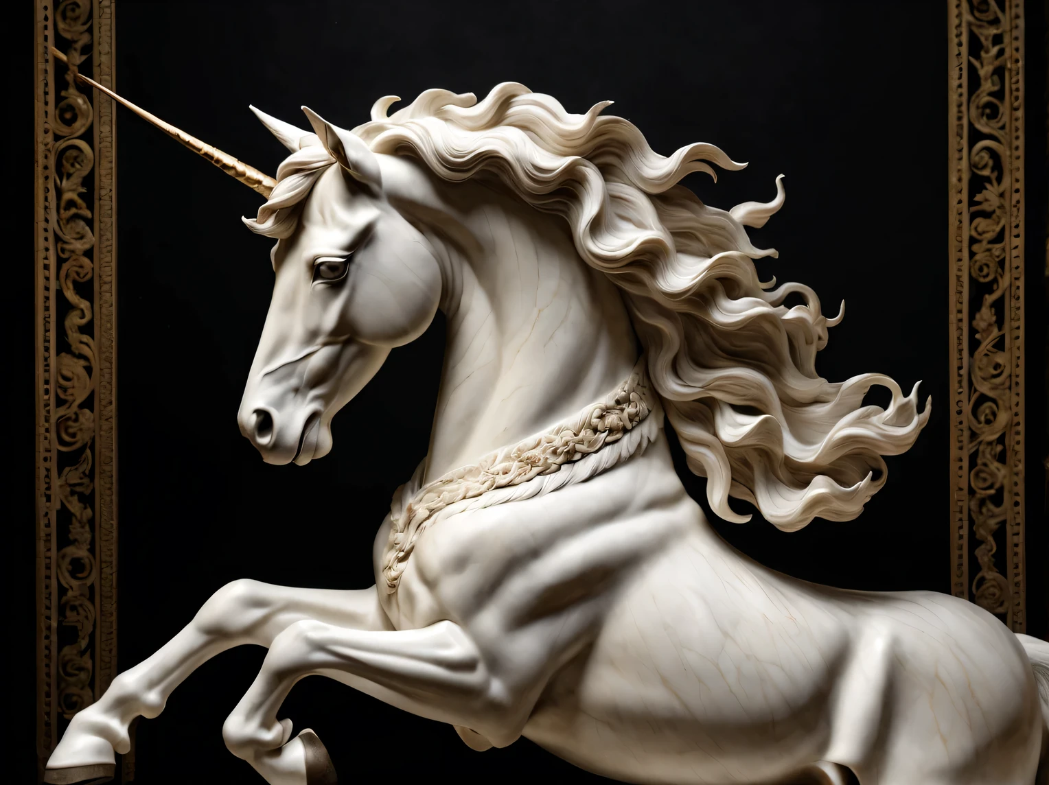 Marble Unicorn Sculpture, whole body, full pose, black and white marble unicorn, work of sculptor Francesco Chirolo, complete imitation of the style of Francesco Chirolo, complex parts, very detailed description, accurate transmission, high detail, dark background, complex parts, High complexity
