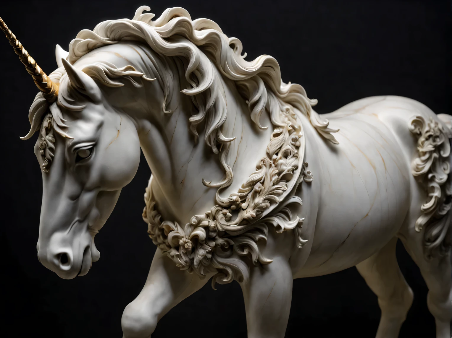 Marble Unicorn Sculpture, whole body, full pose, black and white marble unicorn, work of sculptor Francesco Chirolo, complete imitation of the style of Francesco Chirolo, complex parts, very detailed description, accurate transmission, high detail, dark background, complex parts, High complexity