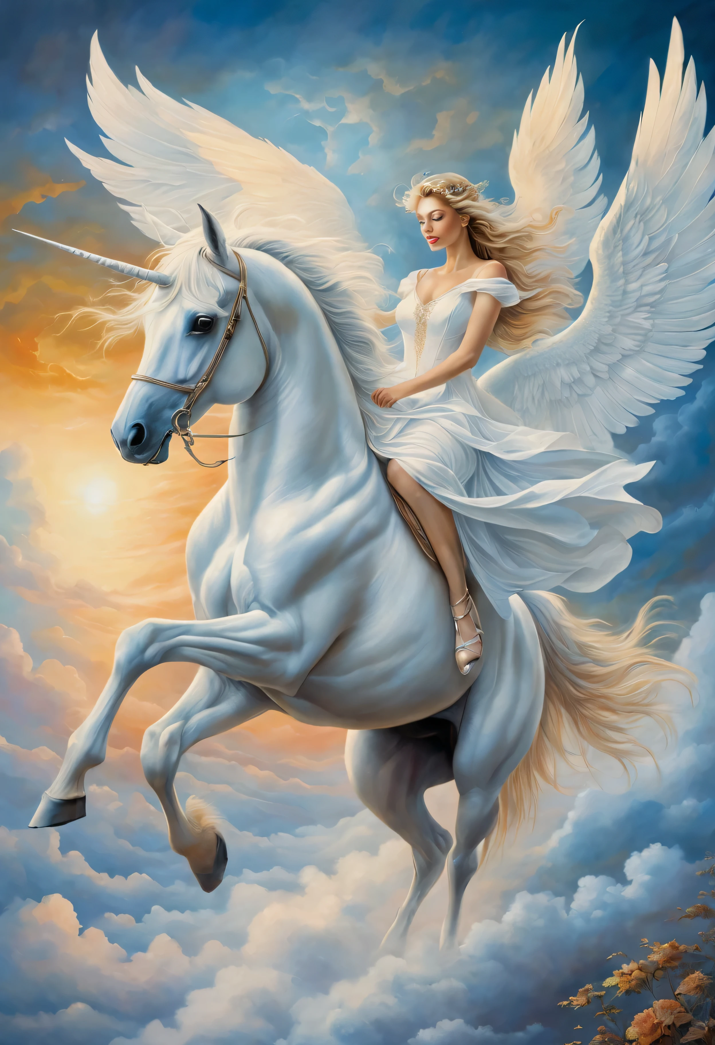 Woman in white dress riding unicorn, karol bak (karol bak) beautiful art painting, Trend of CGsociety, fantasy art, karol bak-乌德, beautiful fantasy art, breathtaking fantasy art, beautiful fantasy painting, very beautiful fantasy art, Margaret Villeneuve, prancing horse, an all white horse, white horse