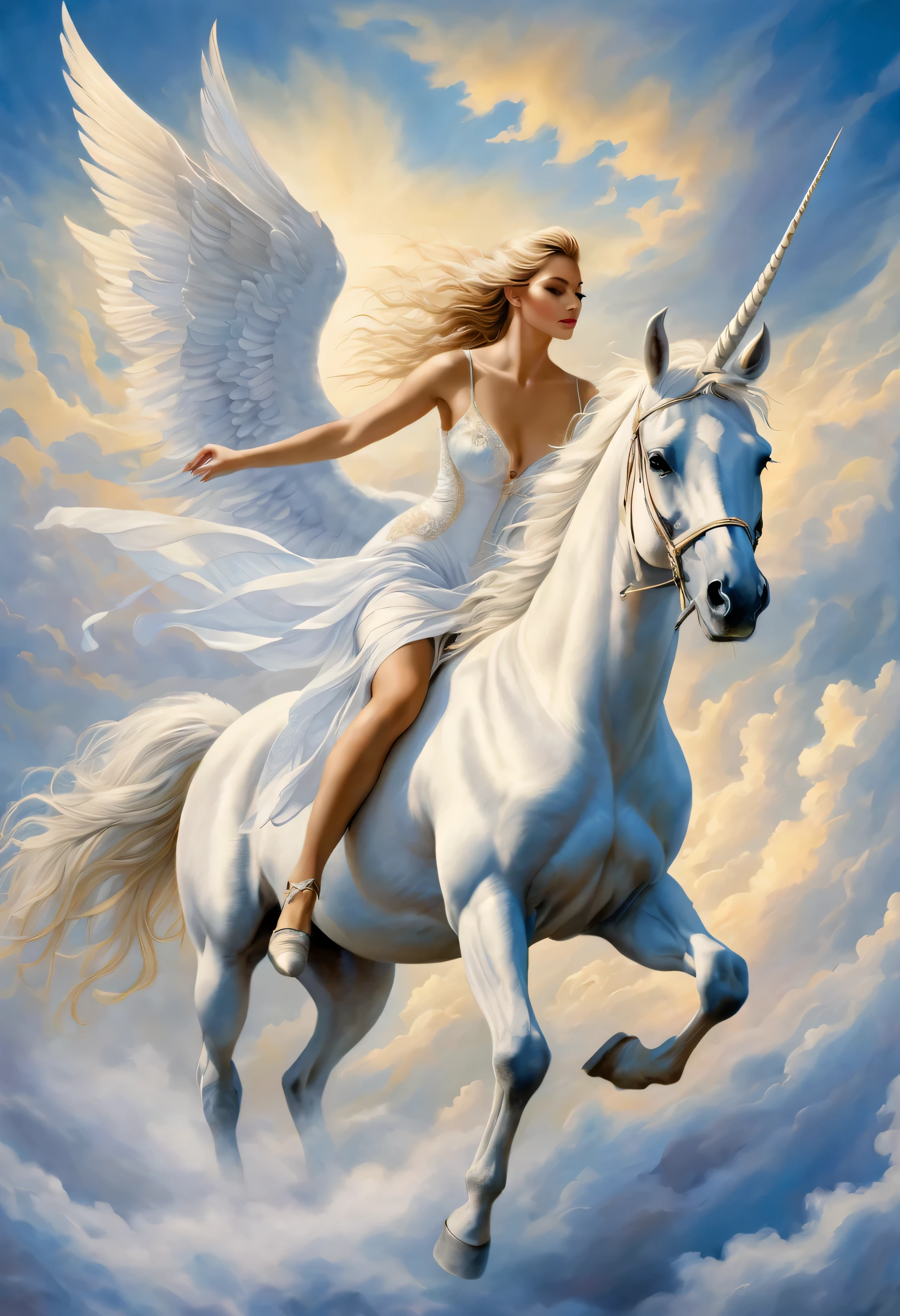Woman in white dress riding unicorn, karol bak (karol bak) beautiful art painting, Trend of CGsociety, fantasy art, karol bak-乌德, beautiful fantasy art, breathtaking fantasy art, beautiful fantasy painting, very beautiful fantasy art, Margaret Villeneuve, prancing horse, an all white horse, white horse