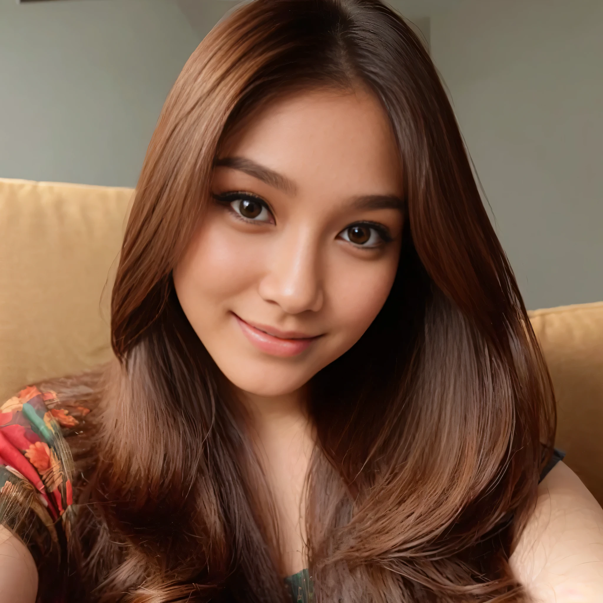 there is a woman with long brown hair sitting on a couch, with long hair, brown flowing hair, asian girl with long hair, brown long hair with bangs, brown colored long hair, south east asian with round face, south east asian with long, straight hairstyle, large eyes and flowing long hair, long flowing brown hair, brown long hair, with round face