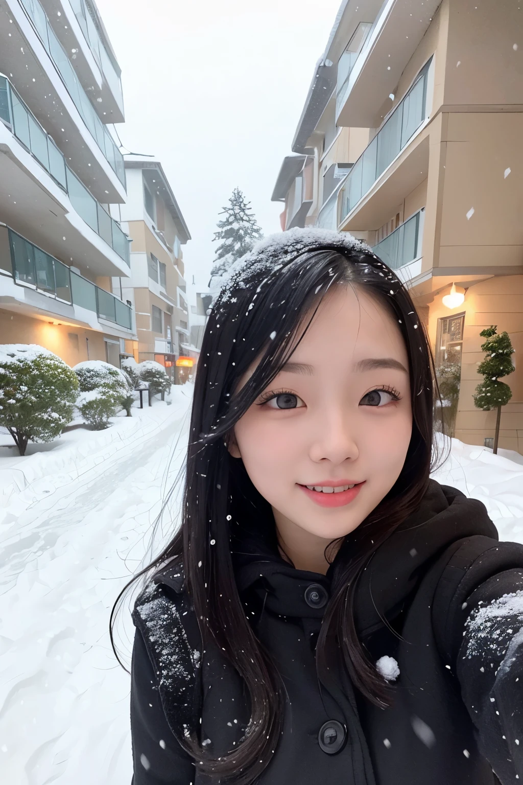 20 years old girl, attractive girl, black hair, (tits:1.1) happy, looks up, Snow is falling, snow, cold winter street, 