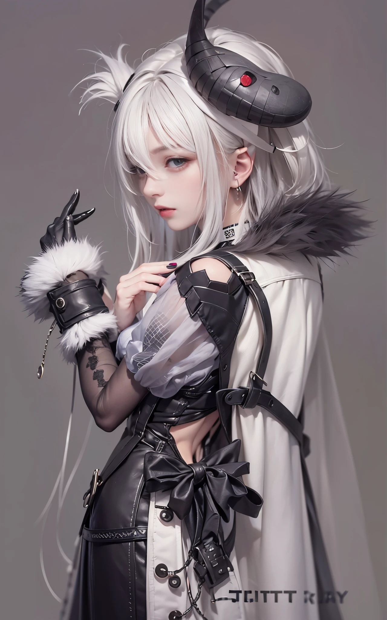 best quality,master piece,High resolution,(beautiful face),looking at the viewer,Are standing,((Half body)),((White vest)),((black leather skirt)),Hands in gloves,right arm hanging down