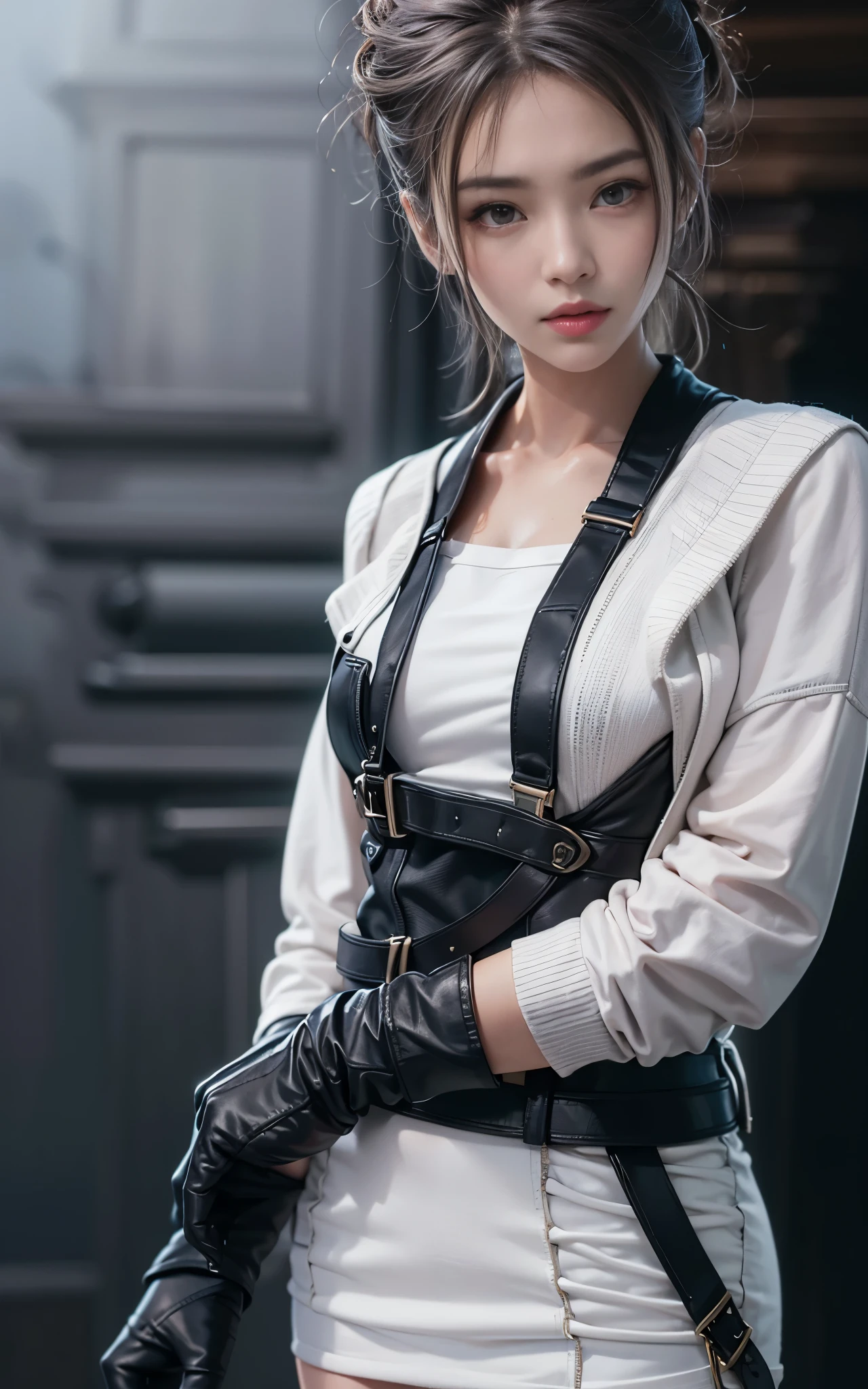 best quality，master piece，High resolution，(beautiful face)，looking at the viewer，Are standing，（（Half body）），（（White vest）），（（black leather skirt）），Hands in gloves，right arm hanging down