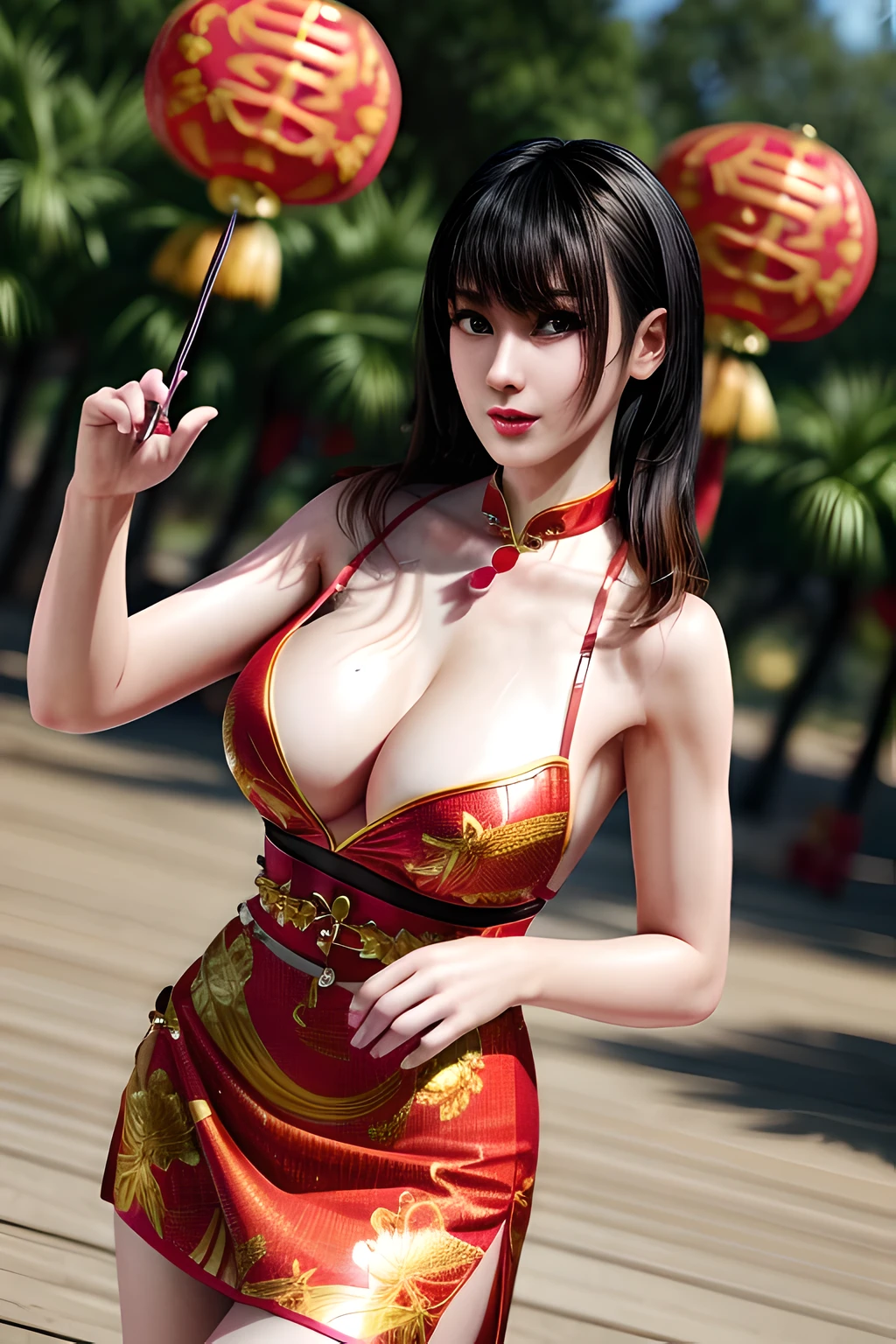 1 girl,seven waves,(Chinese celebration dress:1.4),outdoor, (standing posture),jewelry,grace,(((red lips))), Lips slightly open, clavicle,Lactation,(huge breasts),((8k, original photo, top quality, masterpiece), HD RAW color photos professional close-up photos, (actual, photorealism: 1.37), (best quality),8k,soft sunshine, Fabric luster,alone,