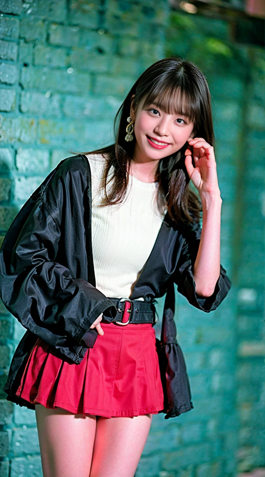 masterpiece, great work, whole body, 1 girl,  mini skirt, blush, bracelet, beautiful breasts, , gradient hair, long hair, looking at the audience, loose earrings, checked skirt, red eyes, ring, smile, alone,  fashion, woman, vitality,  take a pose, front, colorful,concentrated、whole body画像(1:5）、thin legs、Are standing、put your hands on your hips、idol costume、boots、whole body画像、Chest emphasis、pink costume、stand with legs apart
