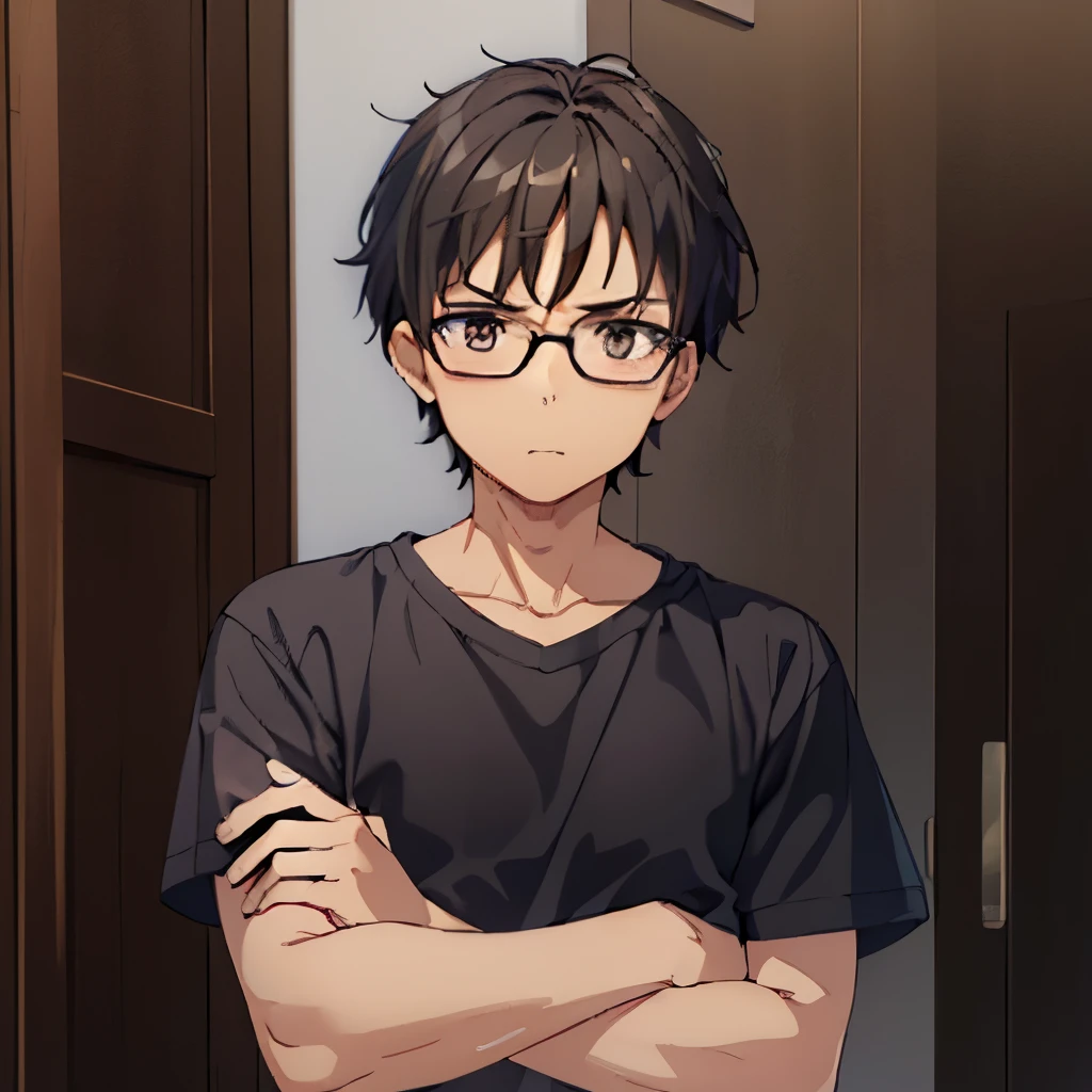 He has brown eyes and wears glasses.、short black hair mixed with gray hair、grumpy40of age、man without beard