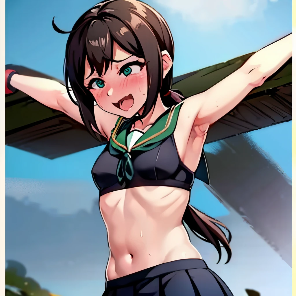 in underground room, belly button, skirt, anime mouth, {{{{{bra}}}}}, laughing, {{{{{Laughter}}}}},cross, the serafuku is lifted up, serafuku, {{{{{Navel}}}}}, belly, crucifixion, bound on cross, bound hands, {{nsfw}}, {{{{{from front}}}},closed mouth, love live!, anime nose, best natural eyes, anime eyes, green eyes, {{{anime mouth}}},{{{{{upper body}}}}}, {{{{{shouting}}}}},laughing, {{{{{small breast}}}}}, (masterpiece, best quality:1.2),illustration,8k,hd,1girl,solo,black_hair,short_ponytail, sidelocks,low_ponytail,green_eyes,{{{{{looking away}}}}}
