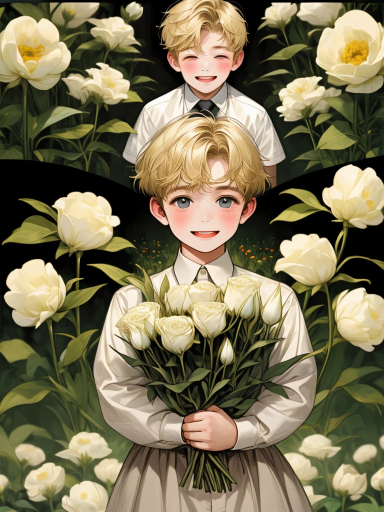 masterpiece, collage of little boy holding flowers, happy, short blond hair