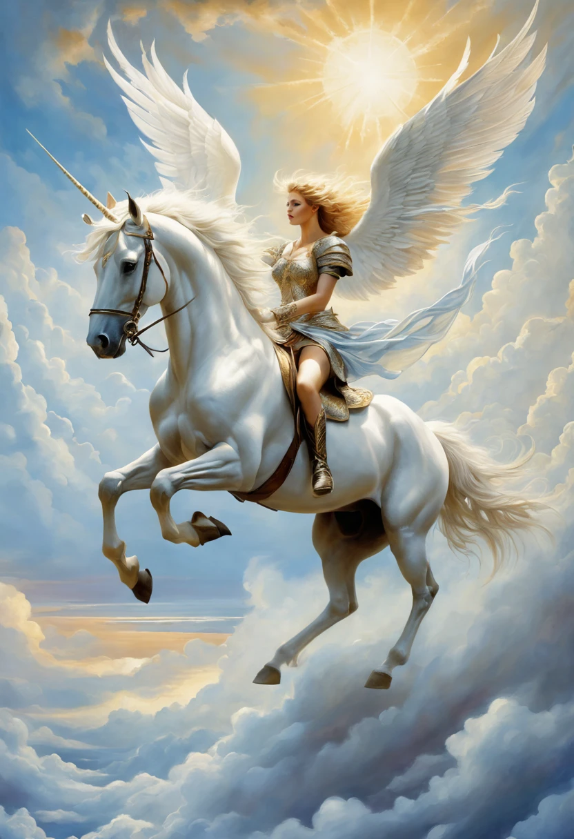 Unicorn with beautiful wings,Flying in the clouds, a prince dressed as a knight rides a unicorn, Carol Barker (Karol Bak) beautiful art paintings, CG Social Trends, fantasy art, Carol Buck-Ude, beautiful fantasy art, breathtaking fantasy art, beautiful fantasy painting, very beautiful fantasy art, Magalie Villeneuve, prancing horse, an all white horse, white horse