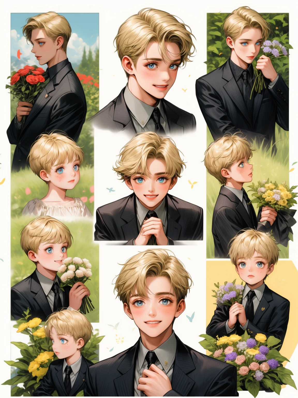 masterpiece, collage of little boy holding flowers, happy, short blond hair
