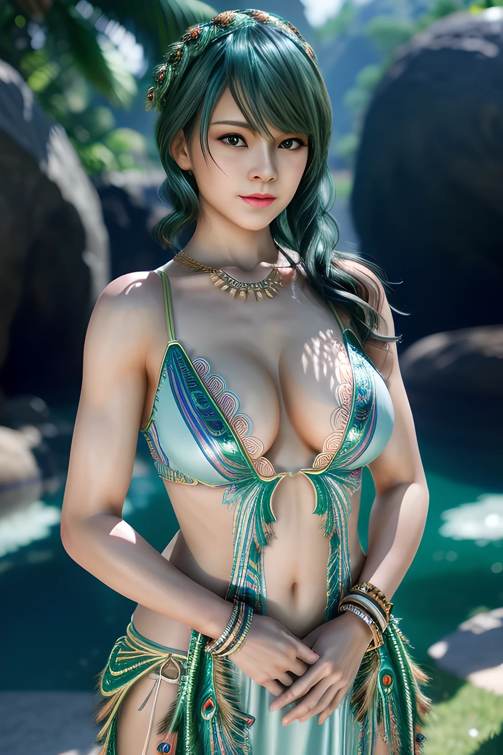 1 girl,skirt,(Dress by (Peacock feathers)),outdoor, (standing posture),jewelry,Lips slightly open, lustful smile, red lips,(Lactation:1.2),(huge breasts),((8k, original photo, top quality, masterpiece), HD RAW color photos professional close-up photos), (actual, photorealism: 1.37), (best quality), (best shade),ultra high resolution, HD CG unified 8K wallpaper,soft sunshine,clothing details, alone,Tamaki