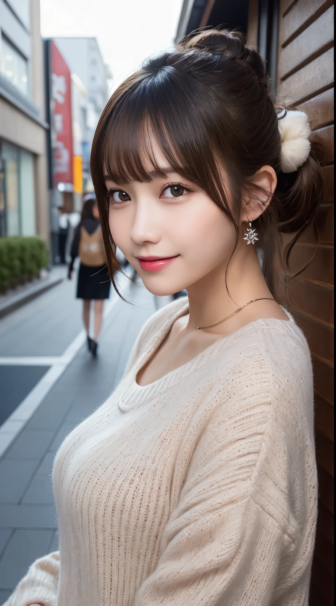 masutepiece, Best Quality, Illustration, Ultra-detailed, finely detail, hight resolution, 8K Wallpaper, Perfect dynamic composition, Beautiful detailed eyes, Trendy Women's Fashion Winter Clothes,Bun hair,Small  natural color lip, sexypose,Smile,Harajuku、20 years girl、Cute、is looking at the camera