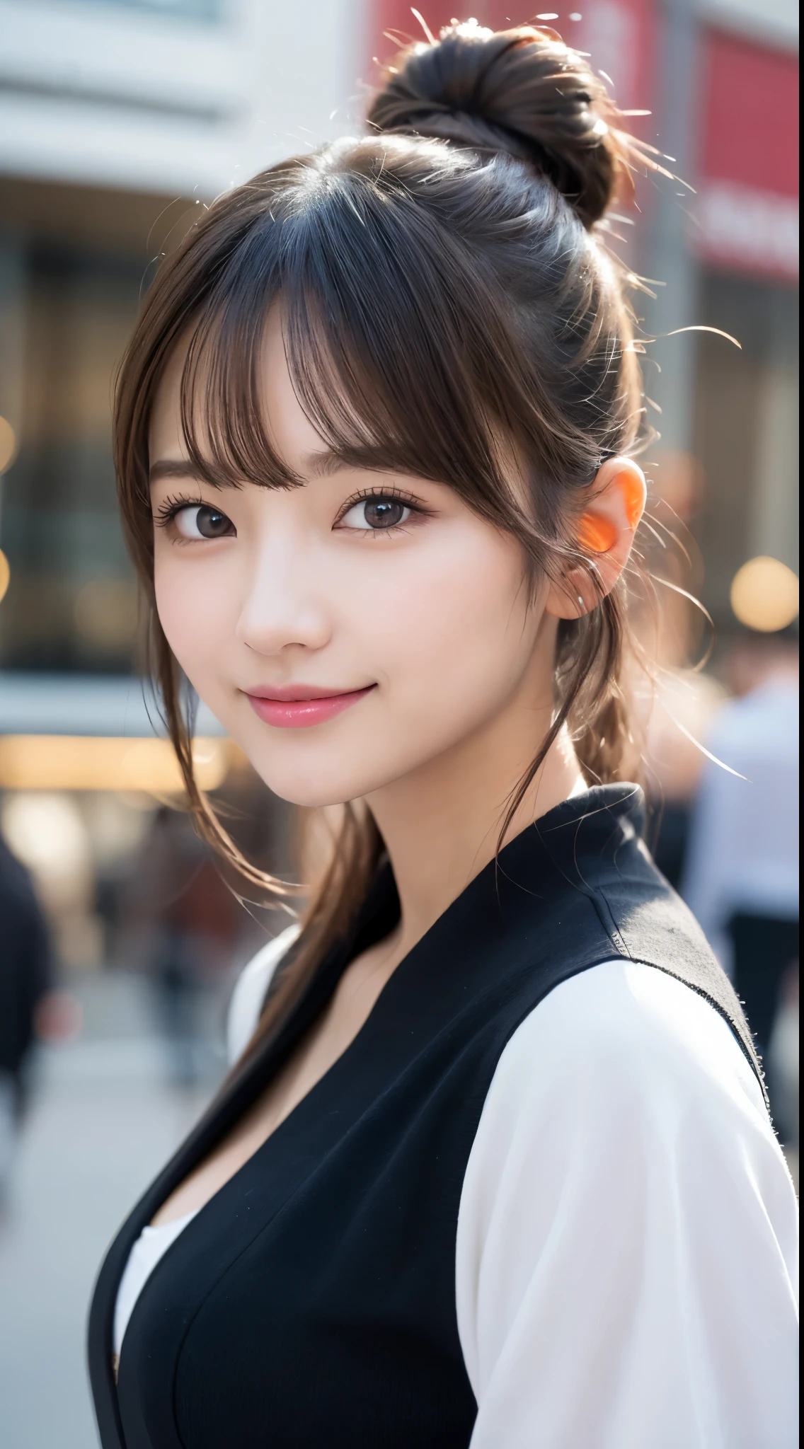 masutepiece, Best Quality, Illustration, Ultra-detailed, finely detail, hight resolution, 8K Wallpaper, Perfect dynamic composition, Beautiful detailed eyes, Trendy Women's Fashion Winter Clothes,Bun hair,Small breasts natural color lip, sexypose,Smile,Harajuku、20 years girl、Cute、is looking at the camera