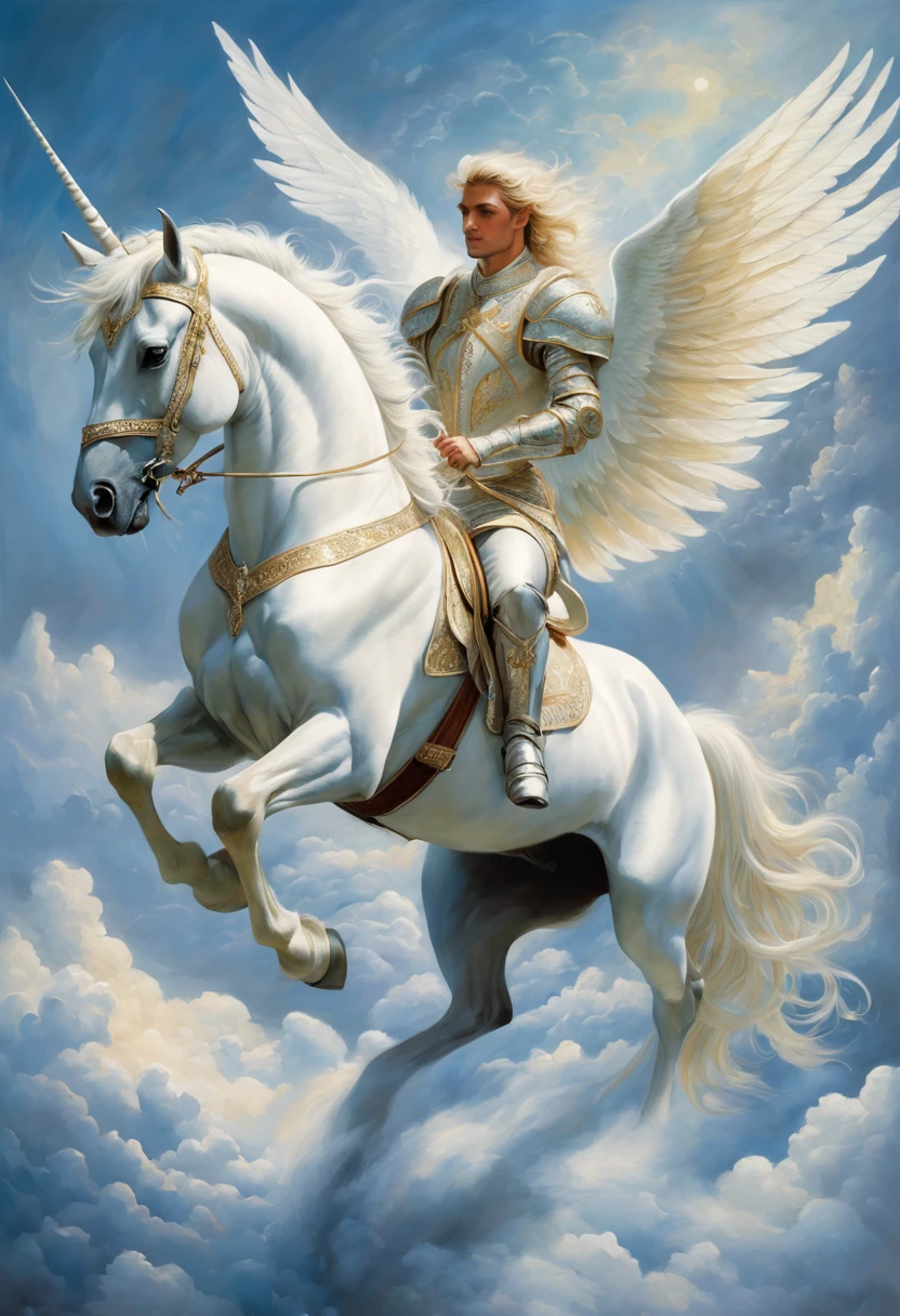 Unicorn with beautiful wings,Flying in the clouds, a man wearing a knight costume rides a unicorn, Carol Barker (Karol Bak) beautiful art paintings, CG Social Trends, fantasy art, Carol Buck-Ude, beautiful fantasy art, breathtaking fantasy art, beautiful fantasy painting, very beautiful fantasy art, Magalie Villeneuve, prancing horse, an all white horse, white horse