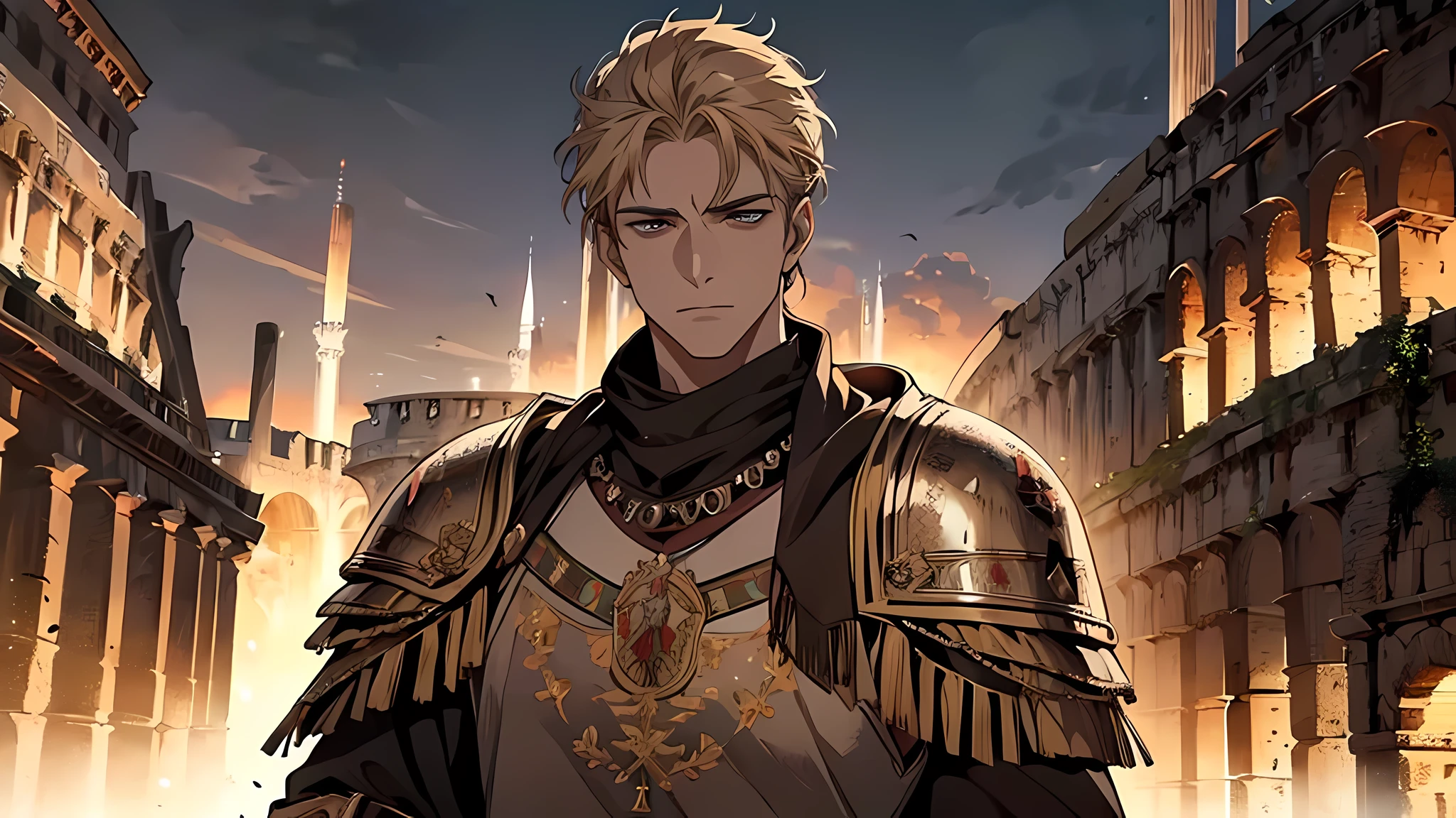 (masterpiece, UHD, illustration, detailed:1.3), King Alaric I, stoic and powerful, (intricately decorated armor:1.2), leading his Visigoth warriors, fierce and determined, (ancient city of Rome as backdrop:1.4), crumbling architecture, Roman ruins, smoke and destruction, chaos of battle, intense atmosphere, dark and ominous skies, warm colors contrasting with cool tones, detailed textures, diagonal shot, looking at viewer, mid-action