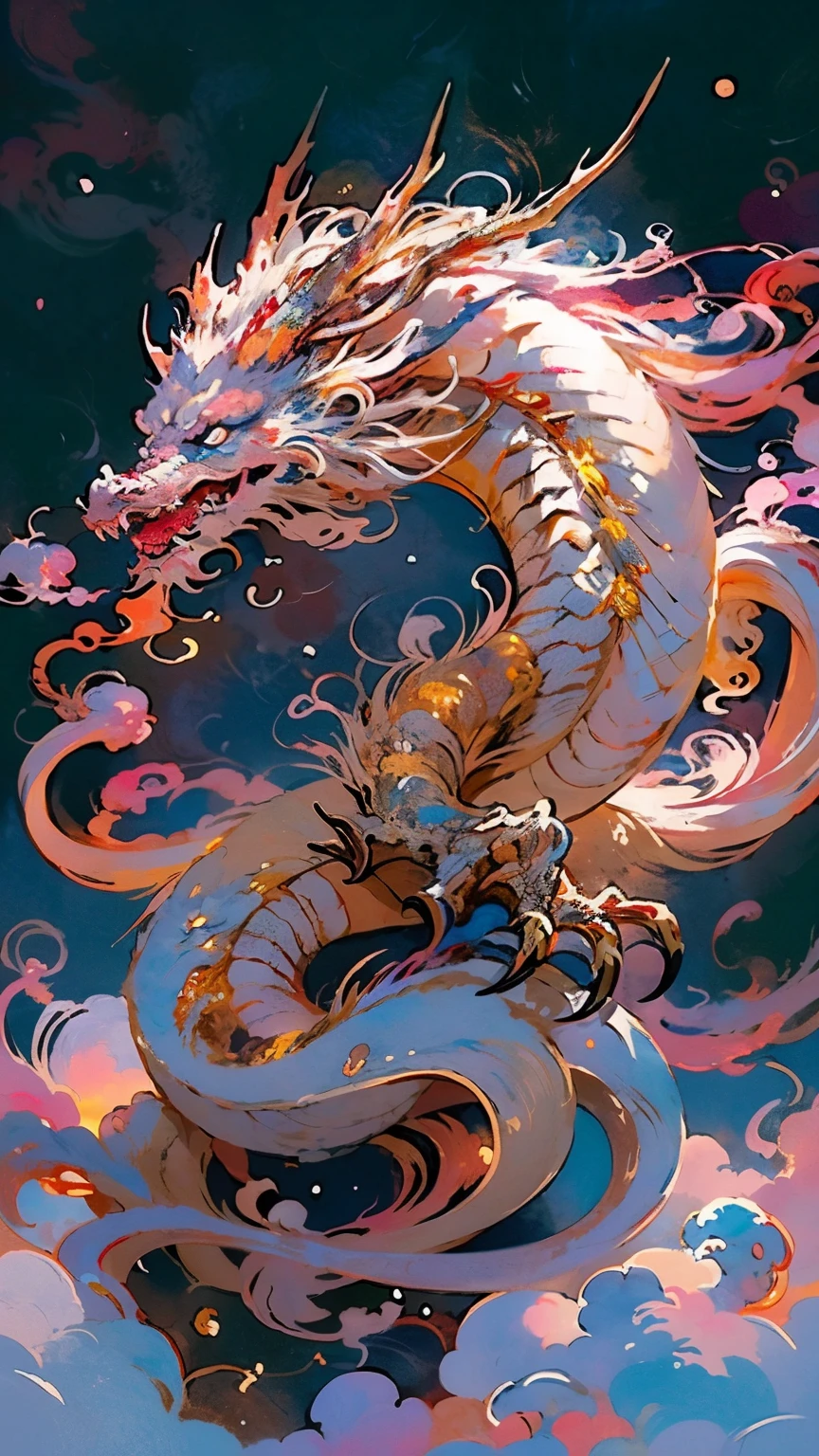 best quality, master piece, ultra high resolution, naked alien, (long: 1.2), ((blue eyes)), cloud, dark eastern dragon, she keeps her mouth open, 鋭いteeth, splatters, horn, teeth, Day々, Paws with claws, tooth, white dragon,((red face)),((hair on the back)).Should be respected、strength、traditional pattern、cloudの上,Fire and sun on background