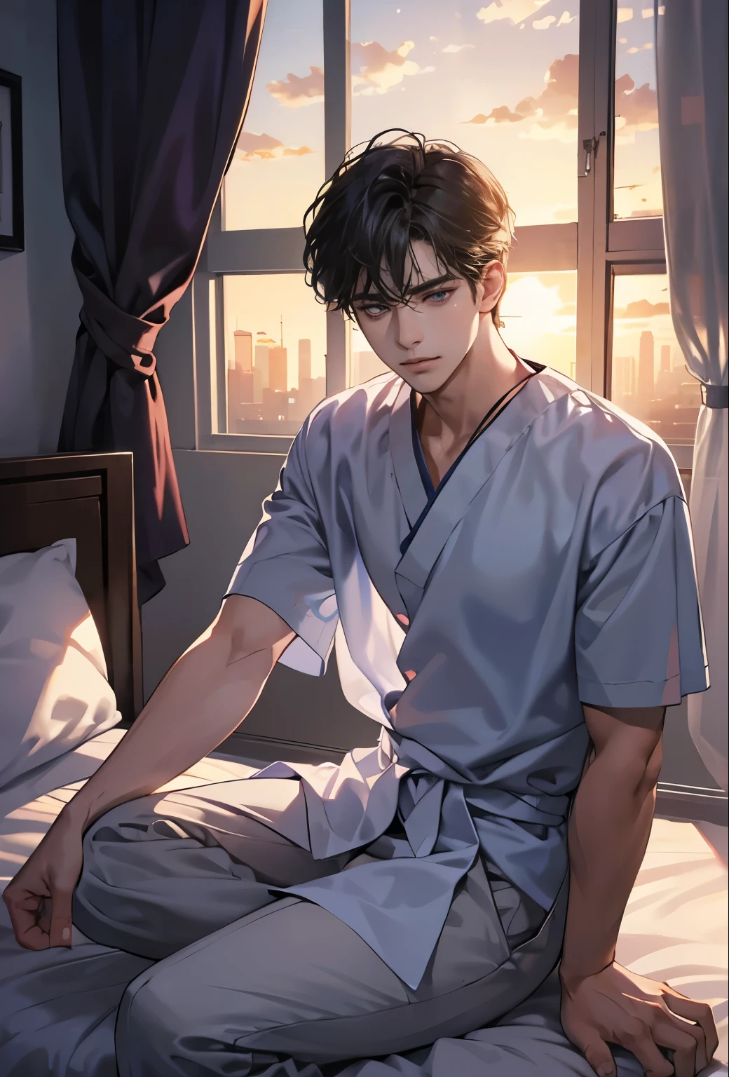 Masterpiece, high quality, best quality, HD, realistic, perfect lighting, a man, detailed face, short black hair, white patient gown, expression painful, lying on a hospital bed, hands on chest, full body, panorama, far view