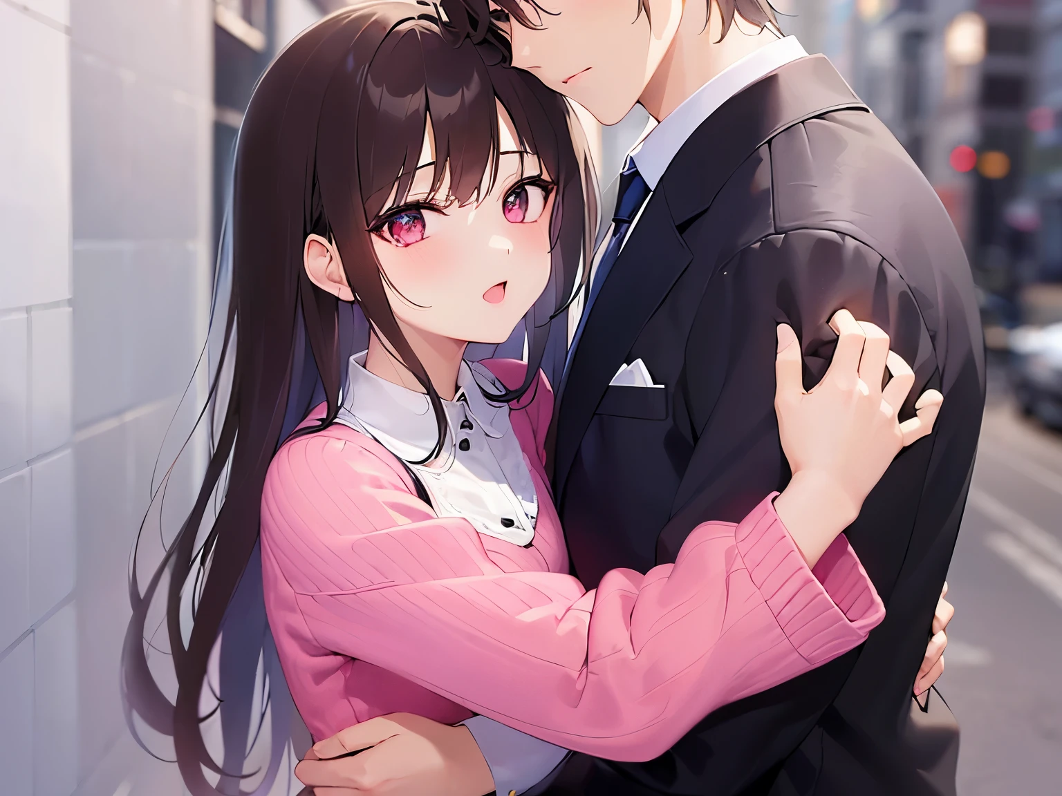 couple, 1 Girl 1 Boy, different hair color, Girl with brown wavy hair and pink eyes and eye contact and white long Sleeve V-neck Blouse, Boy with short dark brown hair and gleen eyes and suit and eye contact, (Girl hugs boy from behind:1.2),