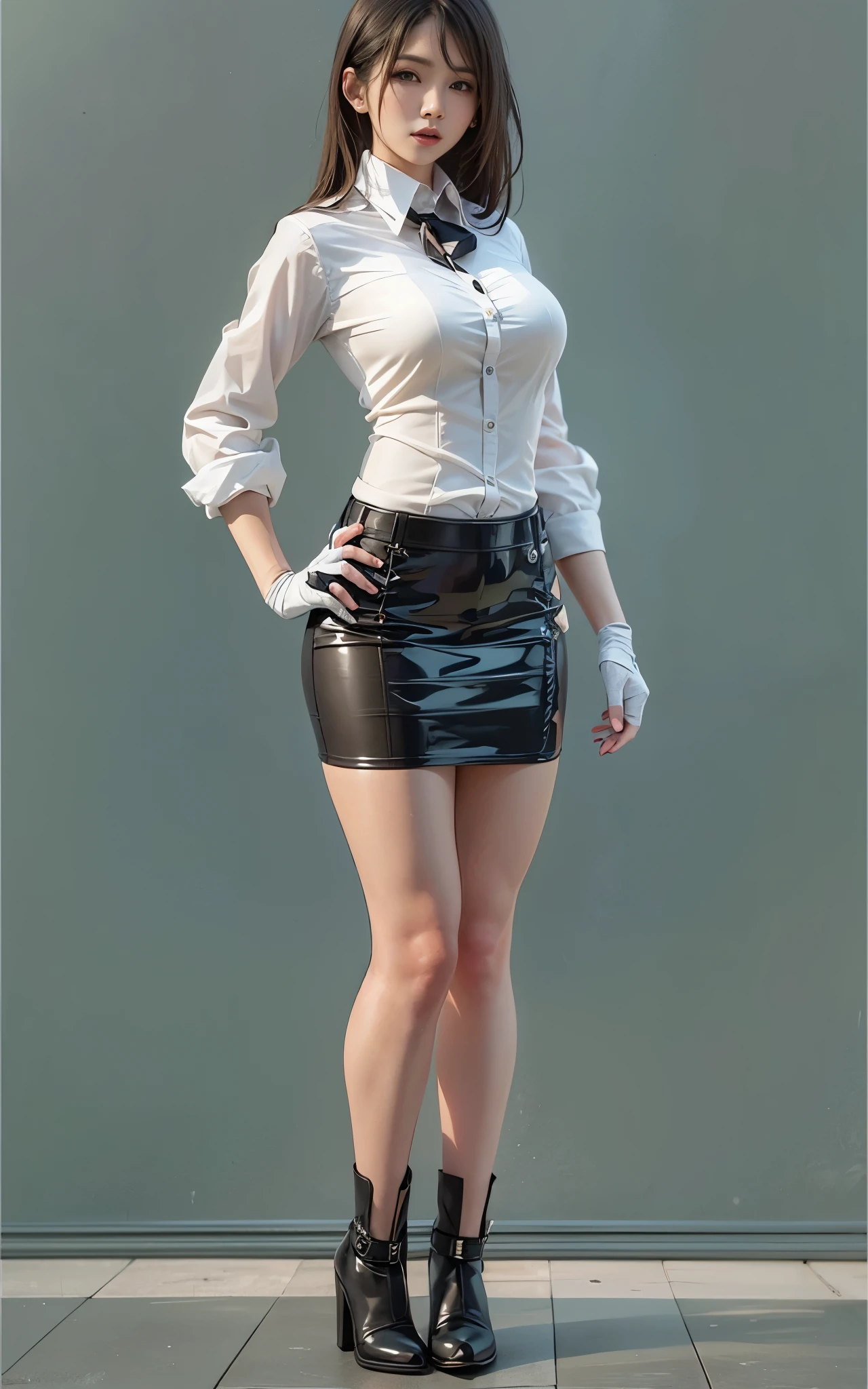 best quality,master piece,High resolution,(beautiful face),looking at the viewer,Are standing,((Half body)),((White vest)),((black leather skirt)),Hands in gloves,right arm hanging down