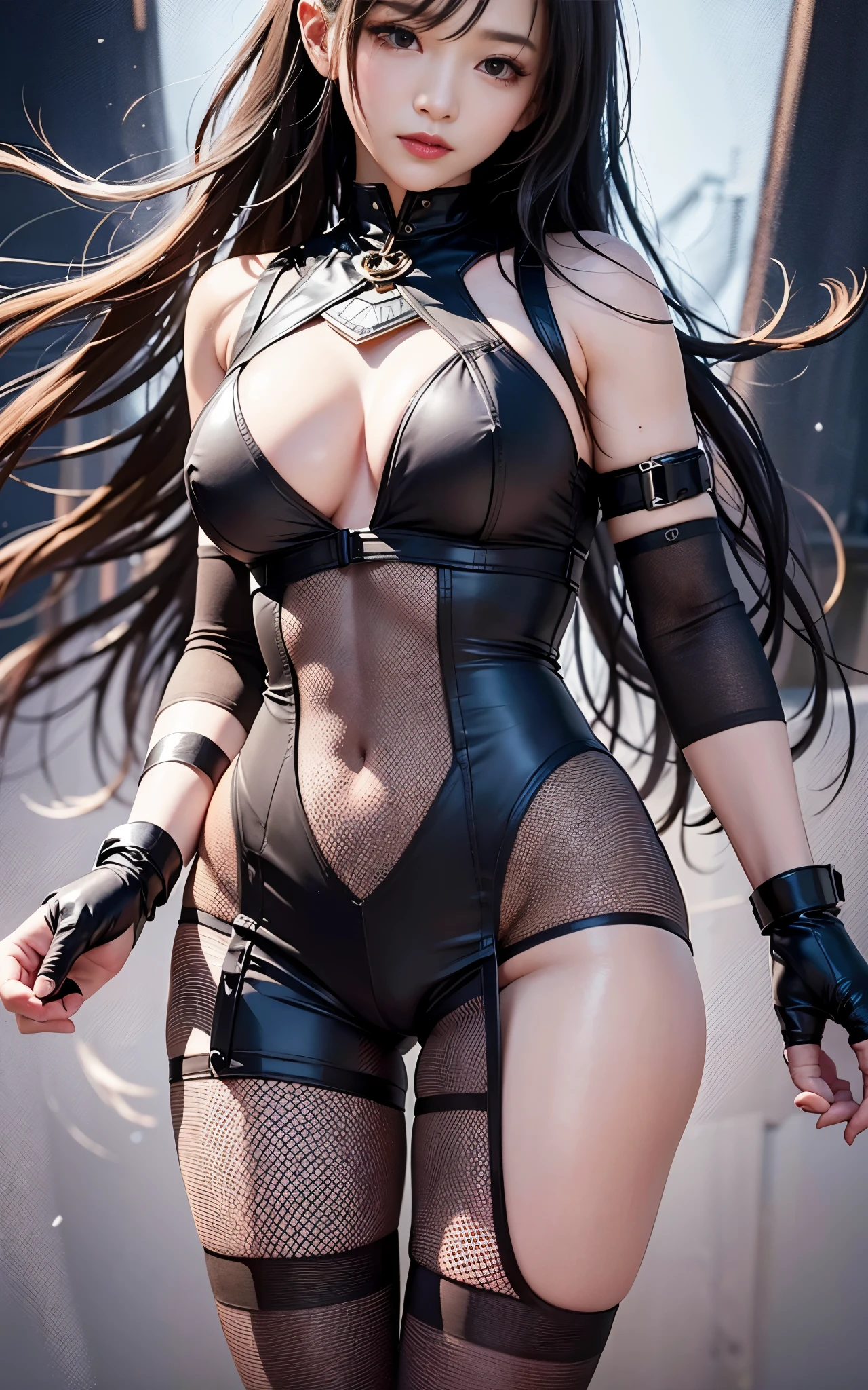 best quality，master piece，High resolution，(beautiful face)，looking at the viewer，Are standing，（（Half body）），（（White vest）），（（black leather skirt）），Hands in gloves，right arm hanging down