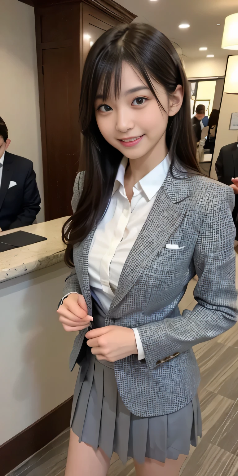 A woman with light brown hair is standing in a hotel lobby wearing a short pleated skirt。, very sexy costume, 厳格なsuitを着ている, Real Anime Girls, anime girl cosplay, Stylish glamorous cosplay, sexy costume, ファッションsuitを着ている, suitを着て, Well dressed, タイトなsuitを着て, sexy look, suit, suitを着ている, suitを着ている、((smile:1.4))、