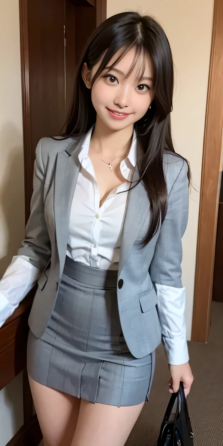A woman with light brown hair is standing in a hotel lobby wearing a short pleated skirt。, very sexy costume, 厳格なsuitを着ている, Real Anime Girls, anime girl cosplay, Stylish glamorous cosplay, sexy costume, ファッションsuitを着ている, suitを着て, Well dressed, タイトなsuitを着て, sexy look, suit, suitを着ている, suitを着ている、((smile:1.4))、