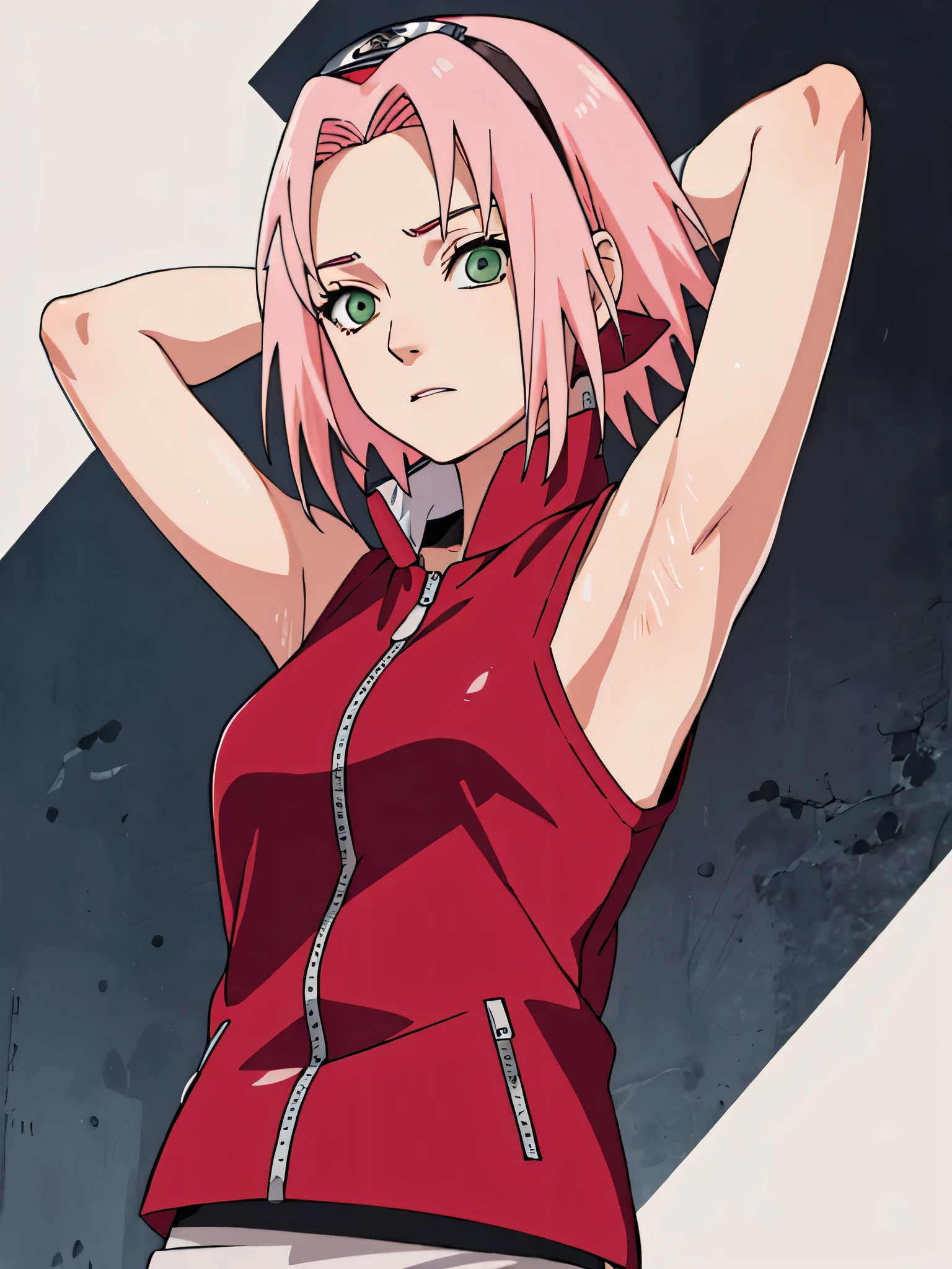 sakura haruno, sleeveless, red jacket, forehead protector, konohagakure symbol, arms behind head, arms up, armpits, showing armpits, posing, green eyes, perfect proportions, sakura shippuden, masterpiece, best quality, short hair, pink hair, black gloves, solo, elbow covers